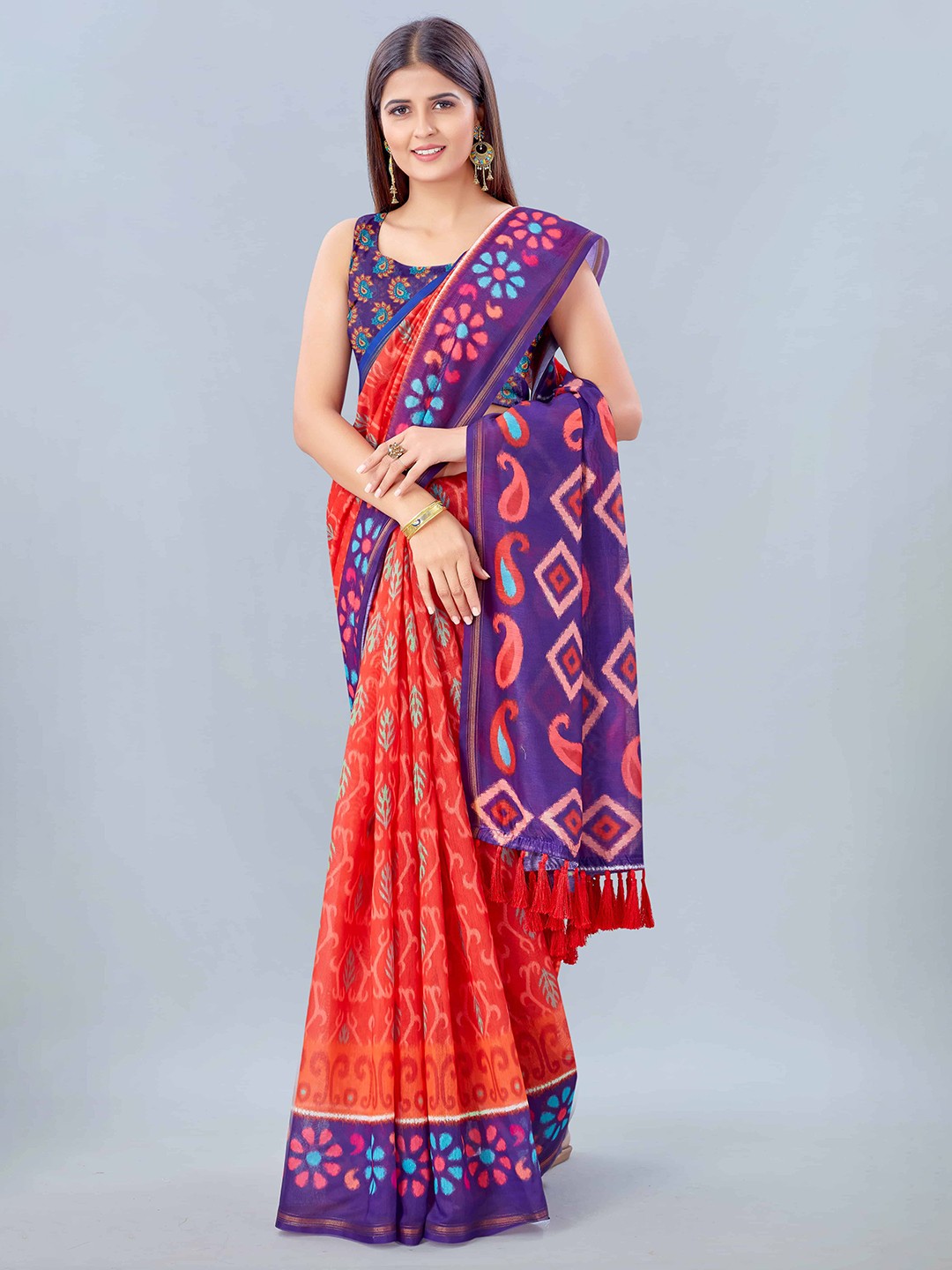 

Silk Land Red Blue Ethnic Motifs Pure Cotton Saree With Tassels