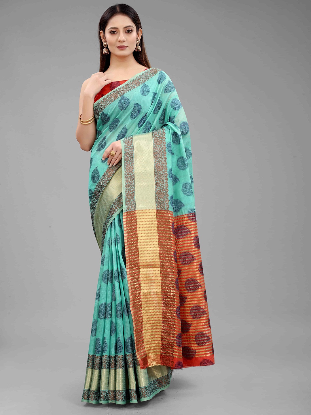 

Silk Land Teal Blue & Rust Ethnic Motifs Fusion Saree
