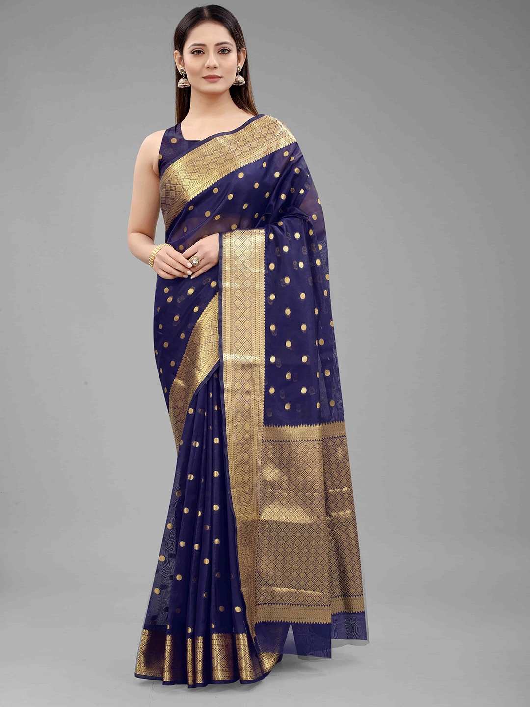 

Silk Land Navy Blue & Gold-Toned Woven Design Zari Kanjeevaram Saree