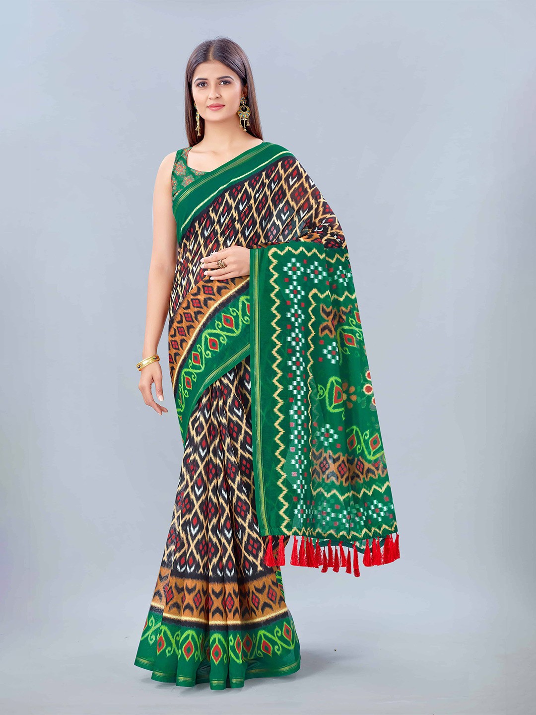 

Silk Land Green Red Kalamkari Saree With Tassels