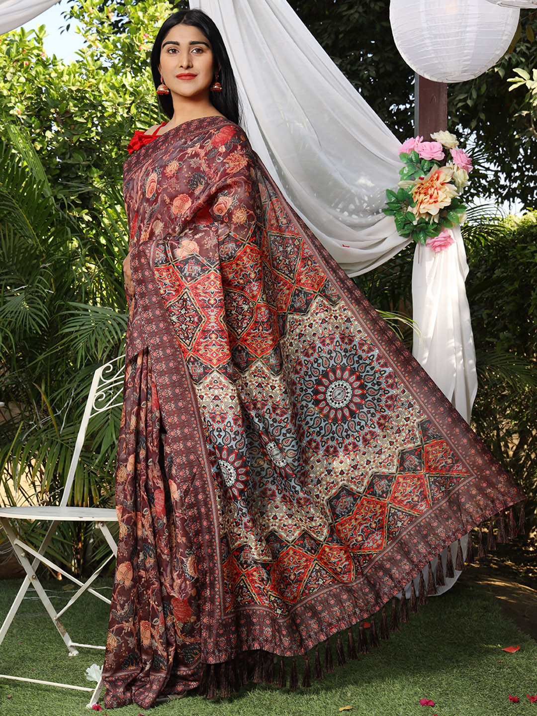 

Silk Land Purple Red Ethnic Motifs Saree With Tassels