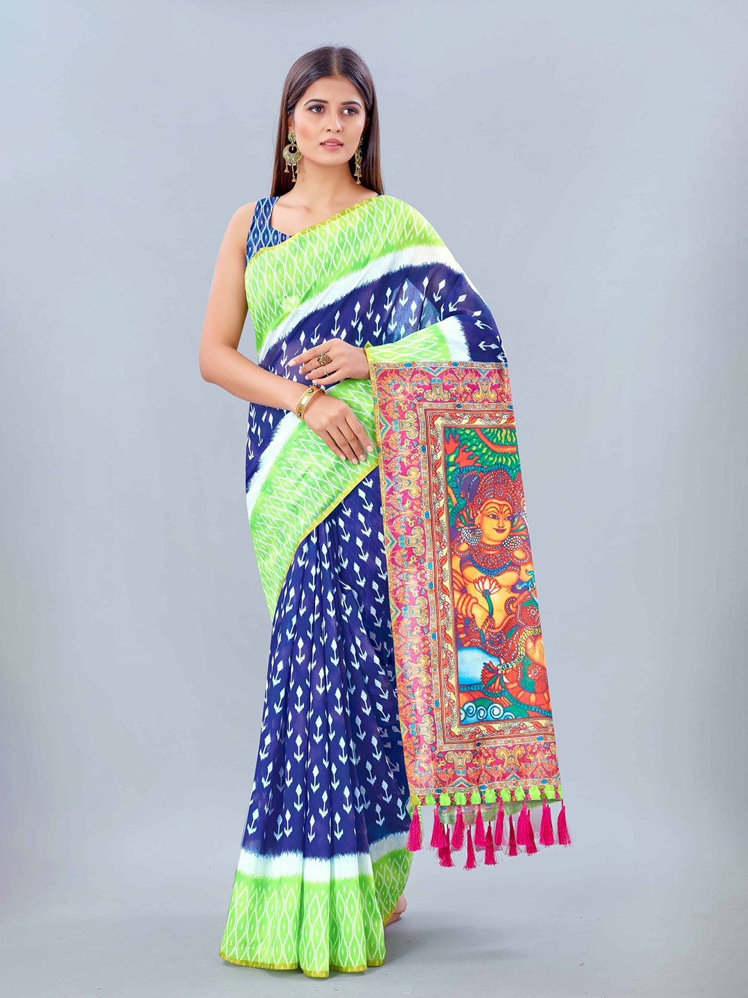 

Silk Land Blue Red Kalamkari Printed Saree With Tassels