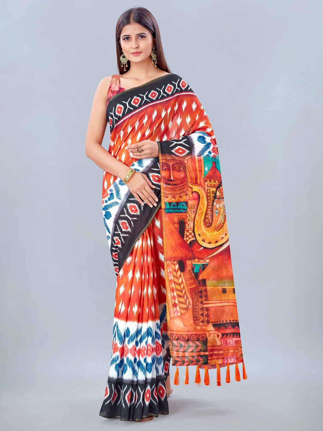 

Silk Land Orange & Blue Kalamkari Pure Cotton Ikat Saree