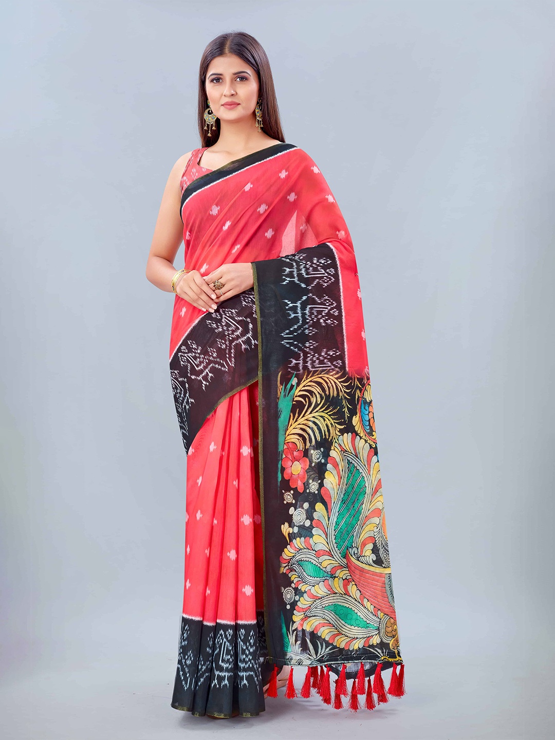 

Silk Land Red Black Kalamkari Pure Cotton Saree With Tassels