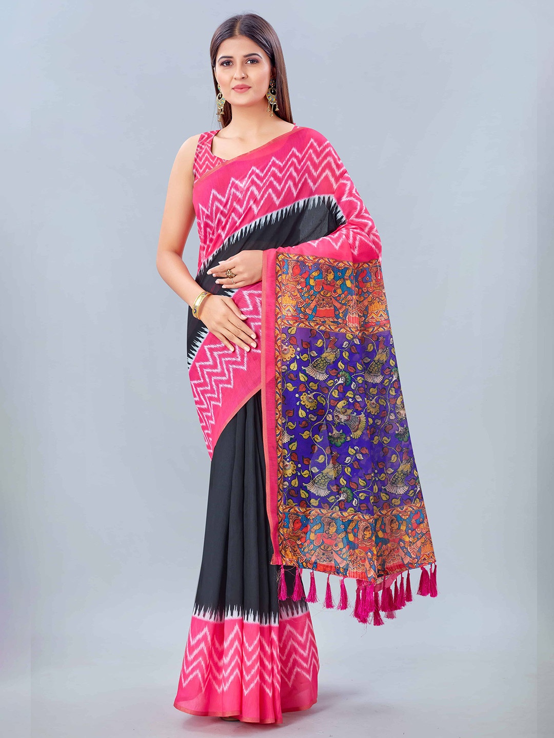 

Silk Land Pink Black Kalamkari Saree With Tassels