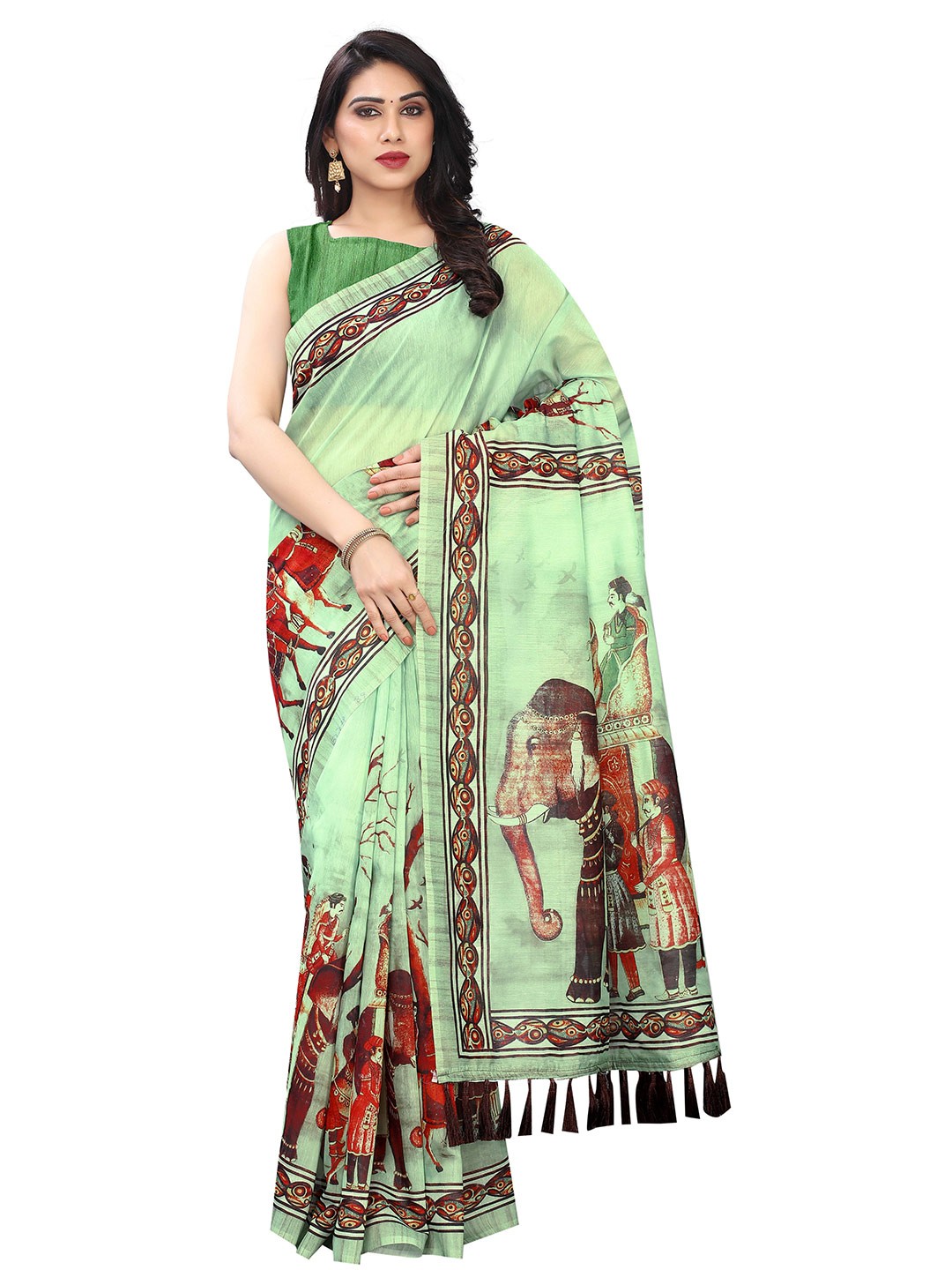 

Silk Land Green Red Kalamkari Saree With Tassels