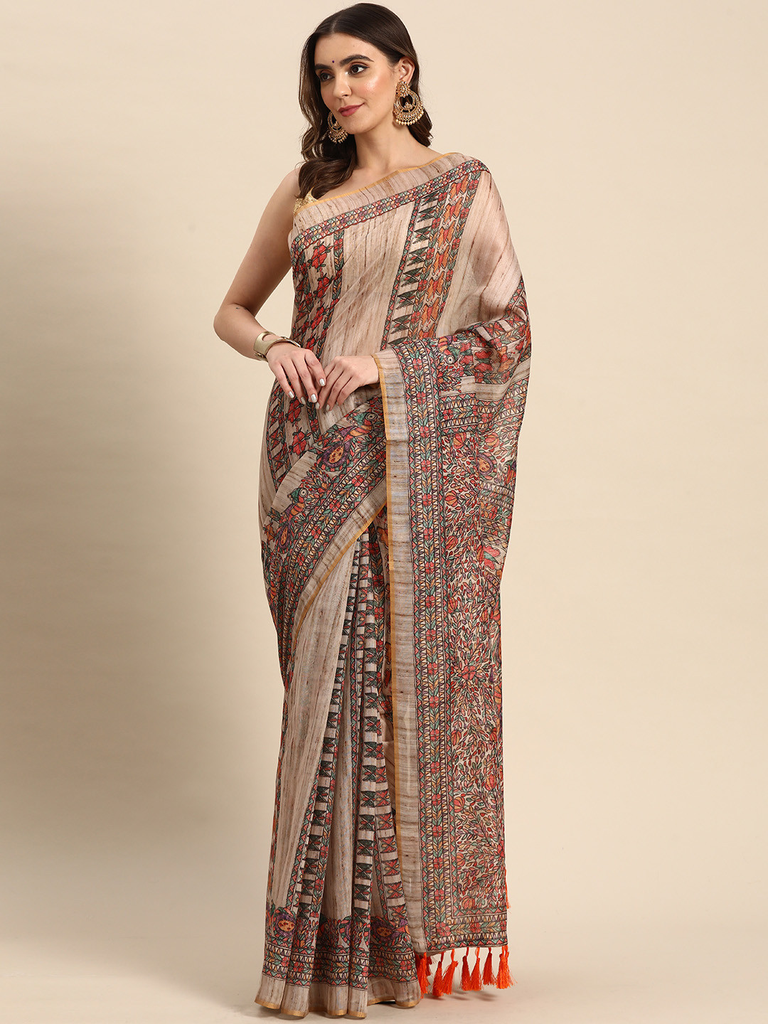 

Silk Land Green Yellow Kalamkari Saree With Tassels