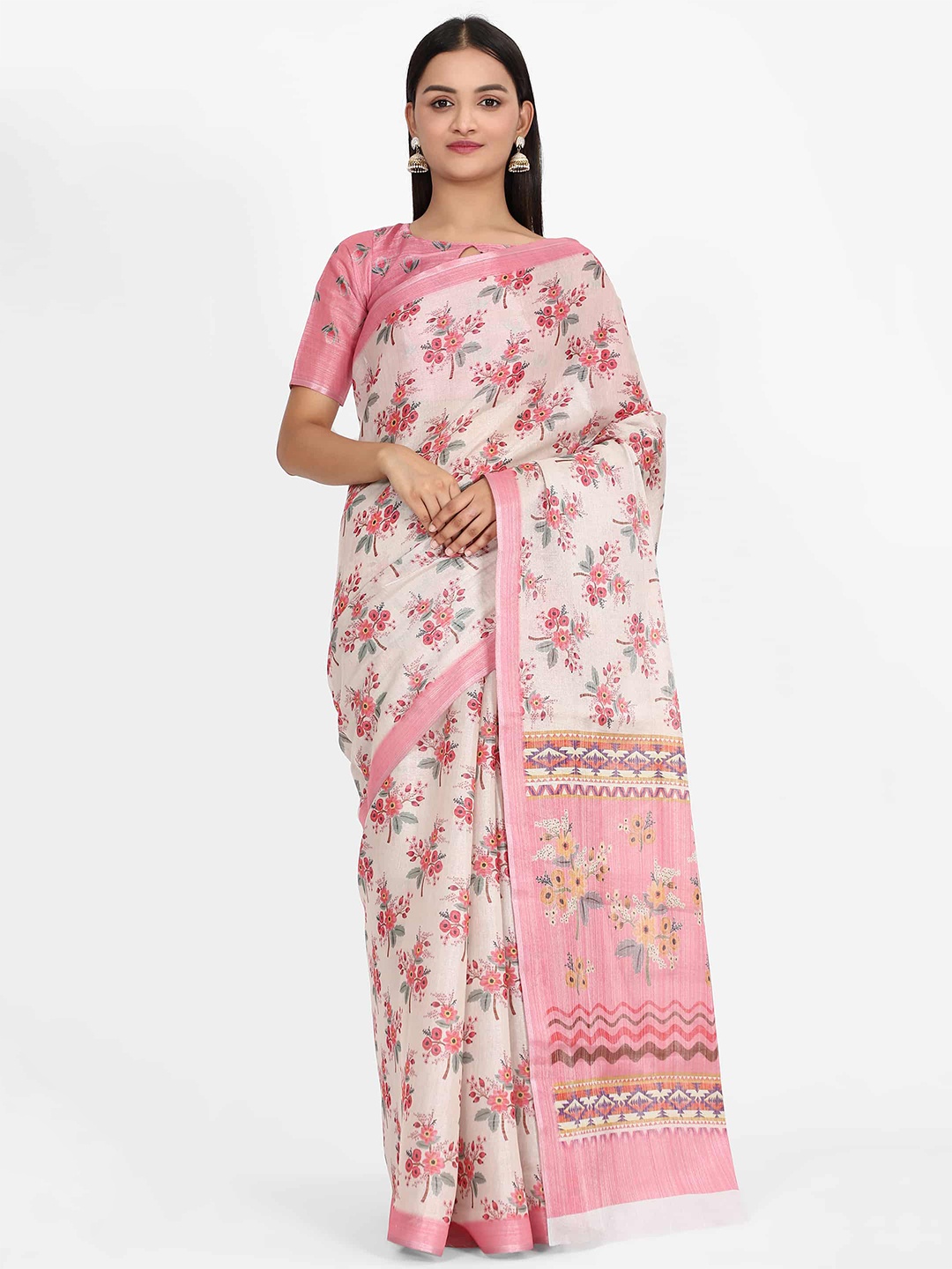 

Silk Land White & Pink Floral Zari Saree