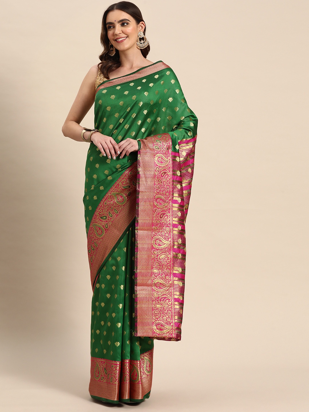 

Silk Land Green & Pink Woven Design Banarasi Saree