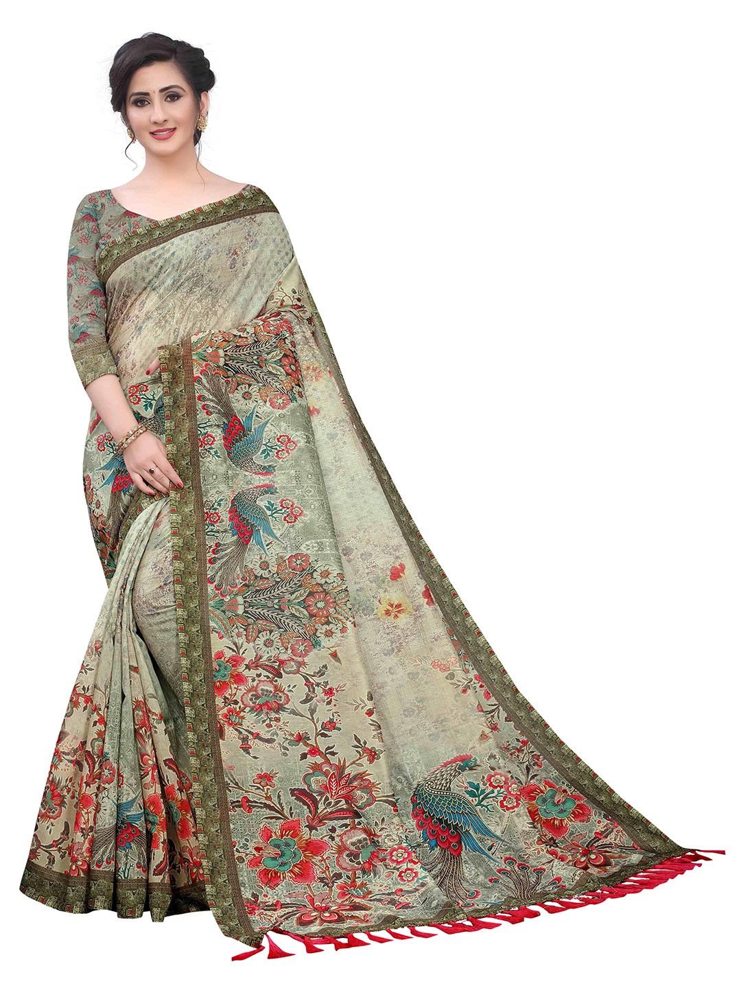 

Silk Land Green Red Ethnic Motifs Kalamkari Saree With Tassels