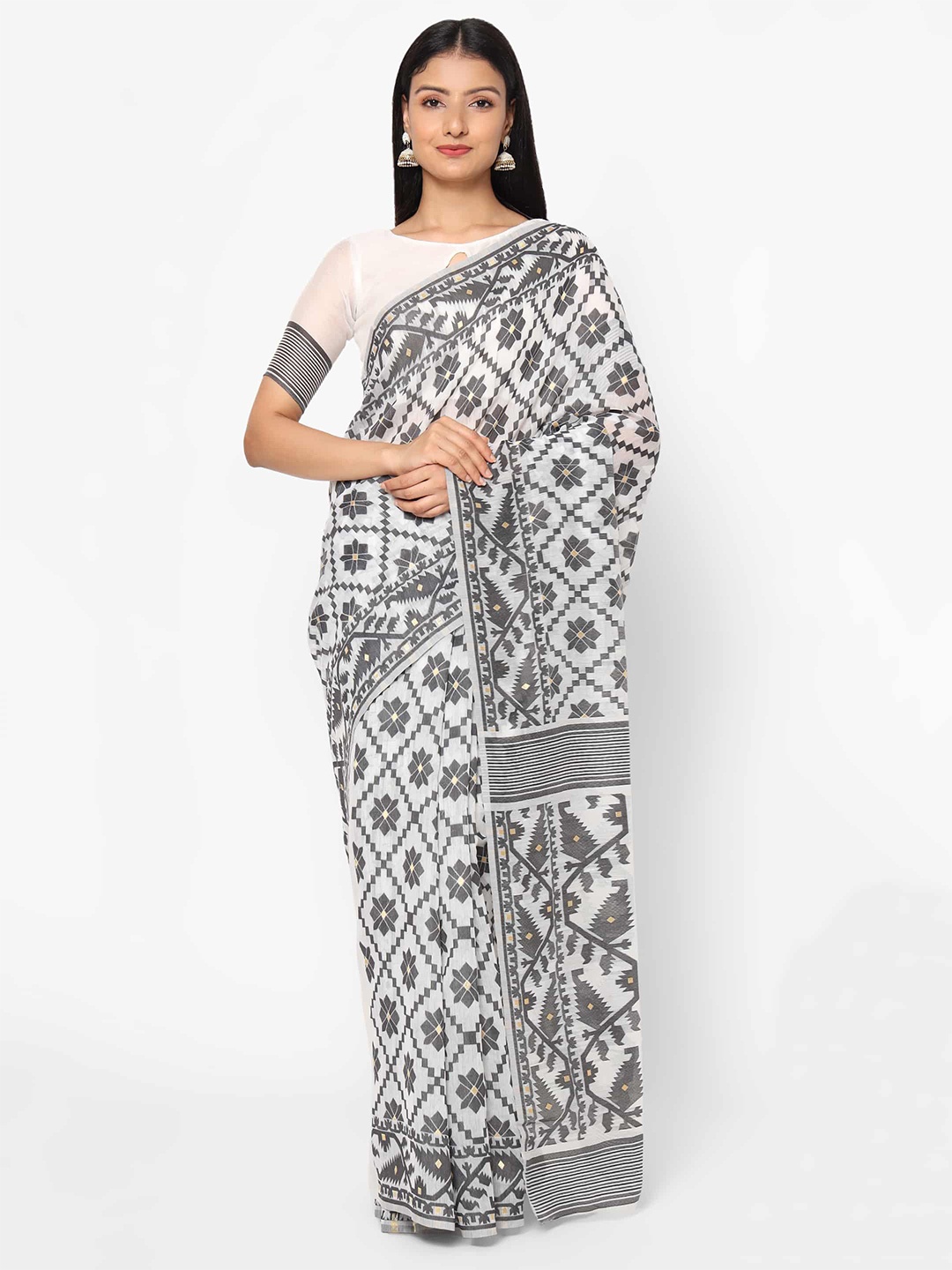 

Silk Land Grey & White Ethnic Motifs Pure Cotton Jamdani Saree