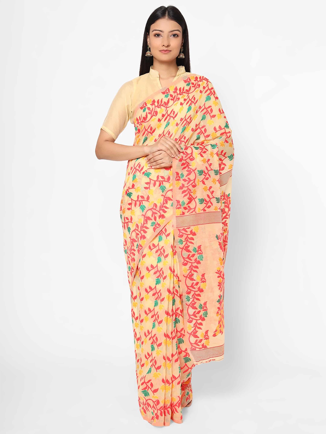 

Silk Land Orange & Red Floral Pure Cotton Jamdani Saree