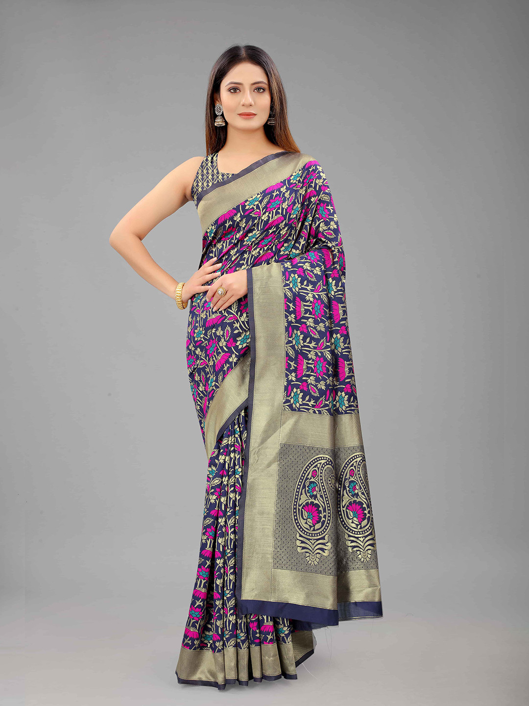 

Silk Land Navy Blue & Red Floral Zari Pure Silk Heavy Work Banarasi Saree