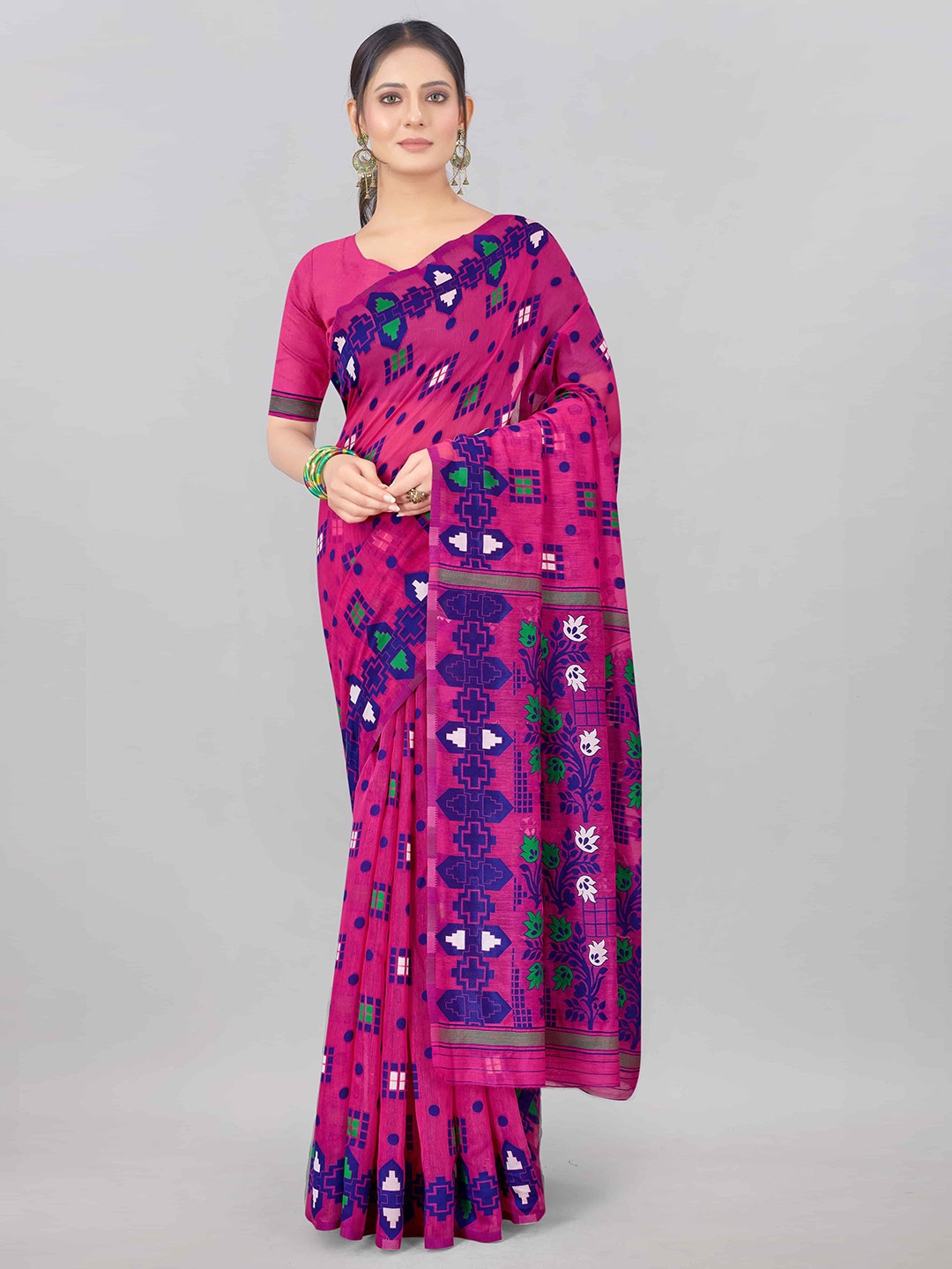 

Silk Land Pink & Purple Floral Pure Cotton Jamdani Saree