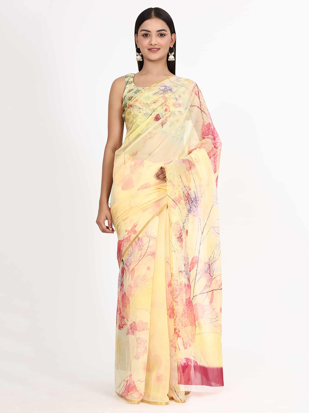 

Silk Land Yellow & Pink Floral Zari Organza Chanderi Saree