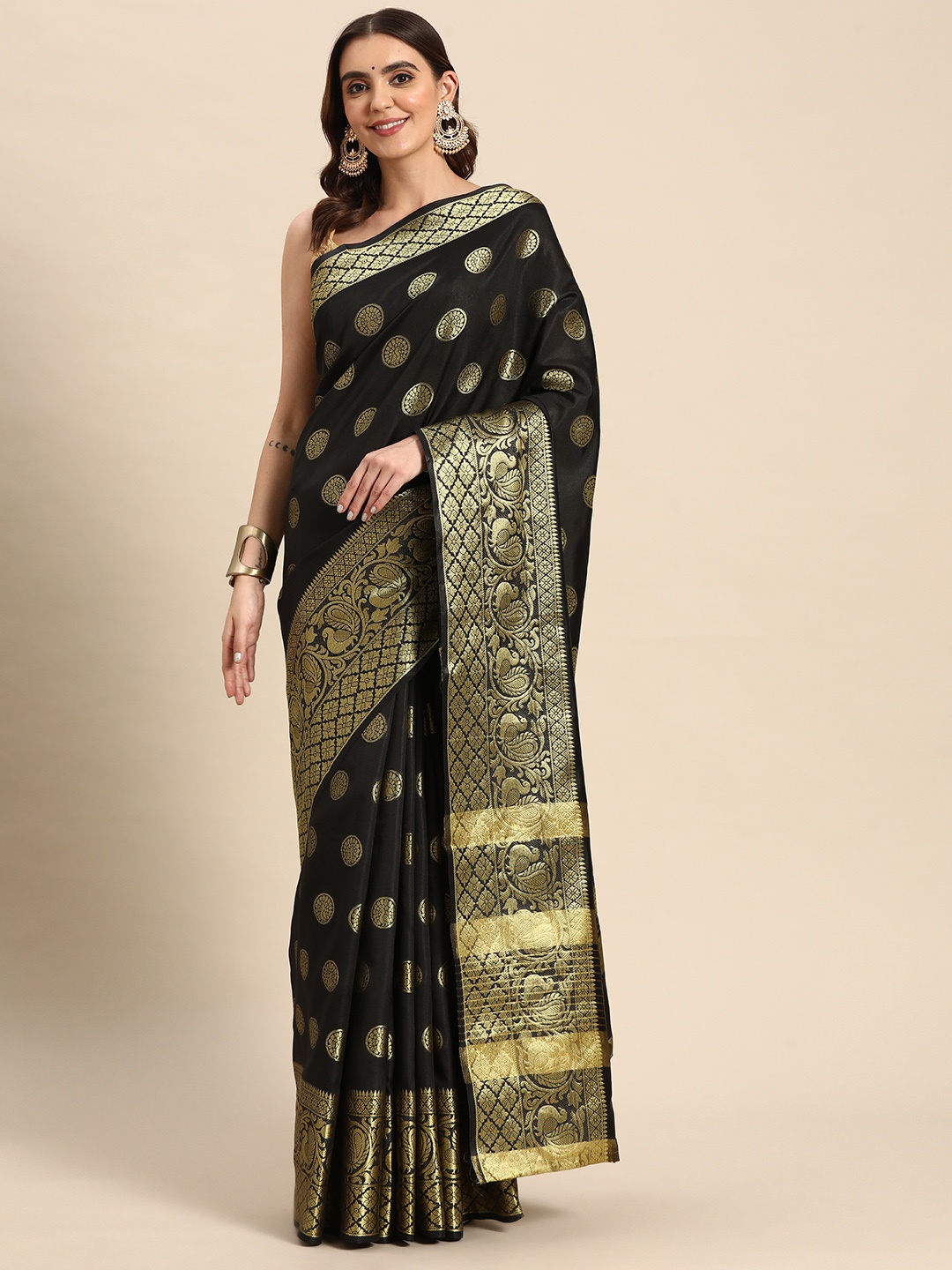 

Silk Land Black & Golden Ethnic Motifs Banarasi Saree