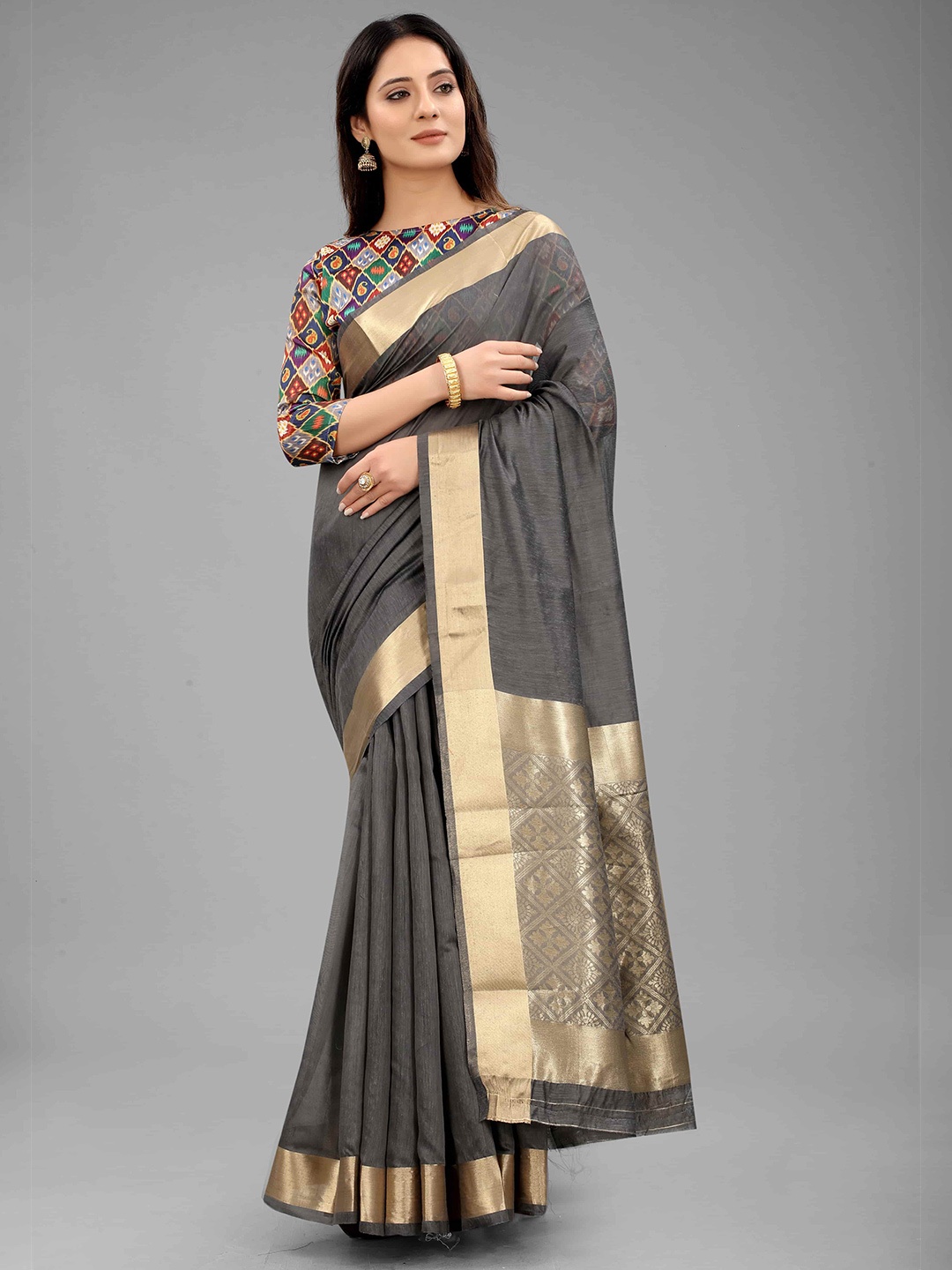 

Silk Land Grey & Gold-Toned Zari Saree