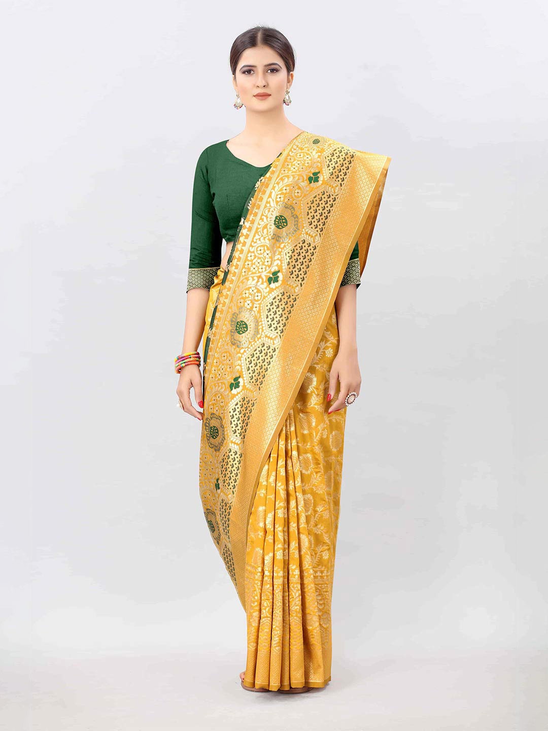 

Silk Land Mustard & Green Woven Design Zari Kanjeevaram Saree