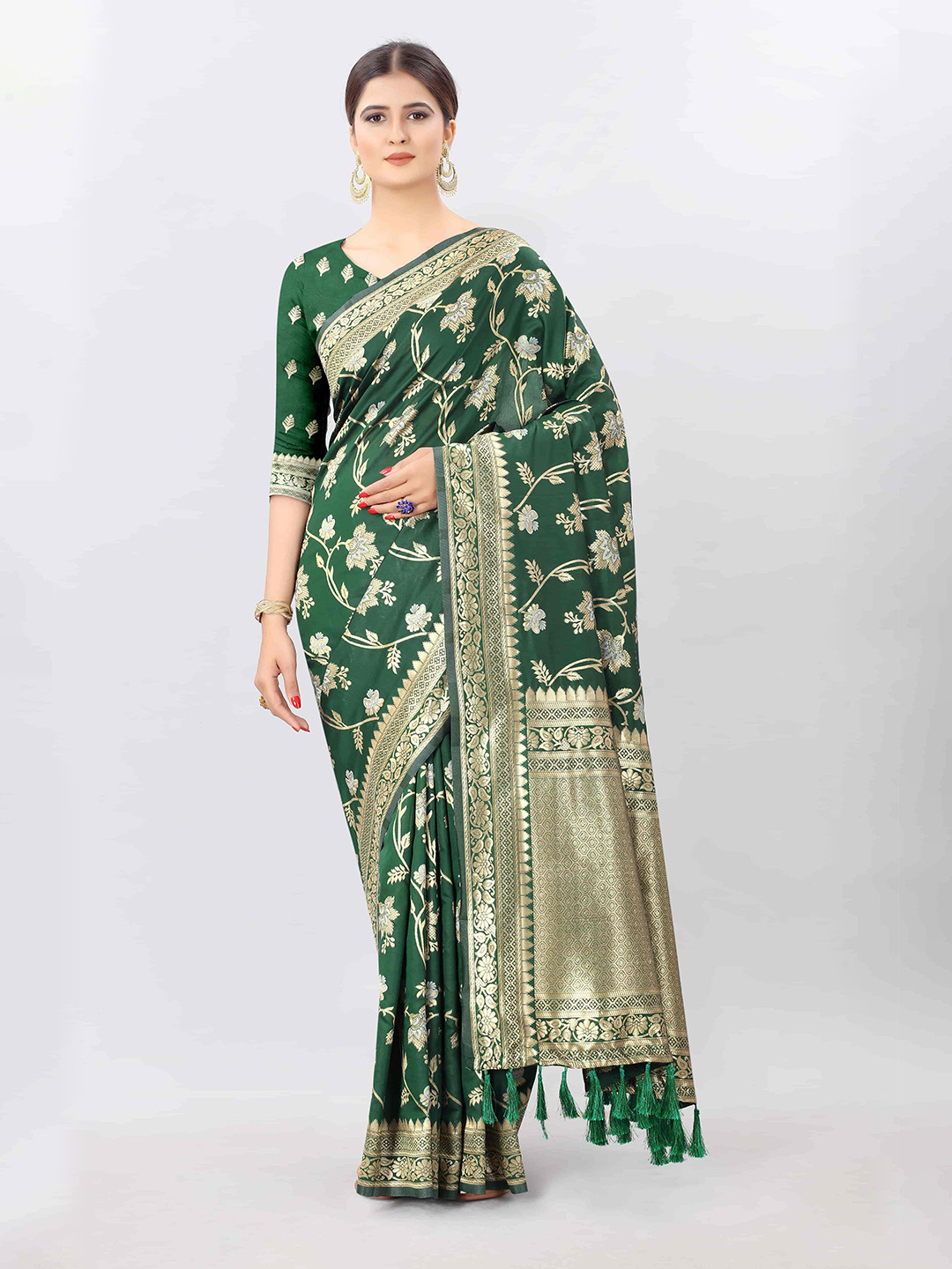 

Silk Land Green & Gold-Toned Woven Design Pure Silk Kanjeevaram Saree
