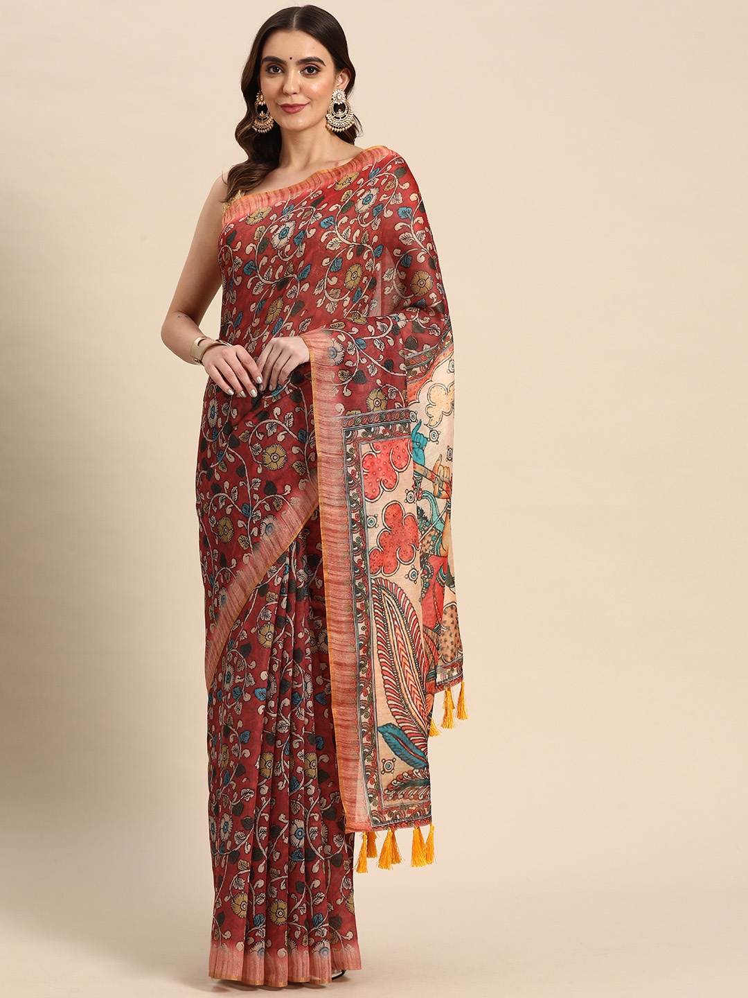 

Silk Land Maroon Blue Kalamkari Saree With Tassels