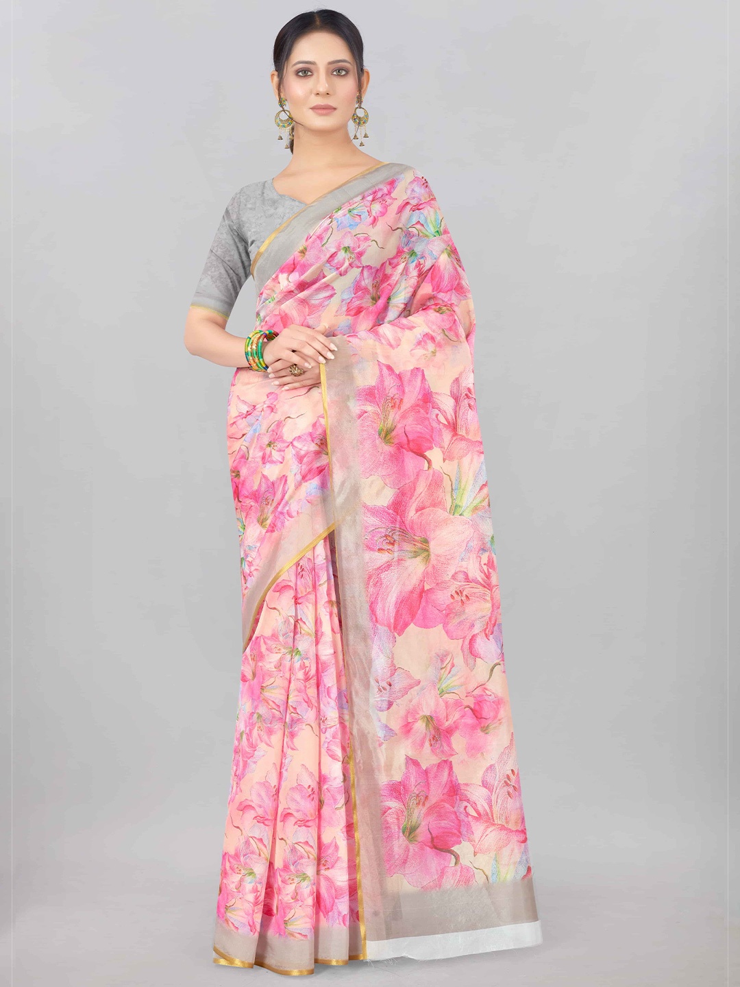 

Silk Land Green & Pink Floral Printed Chanderi Saree