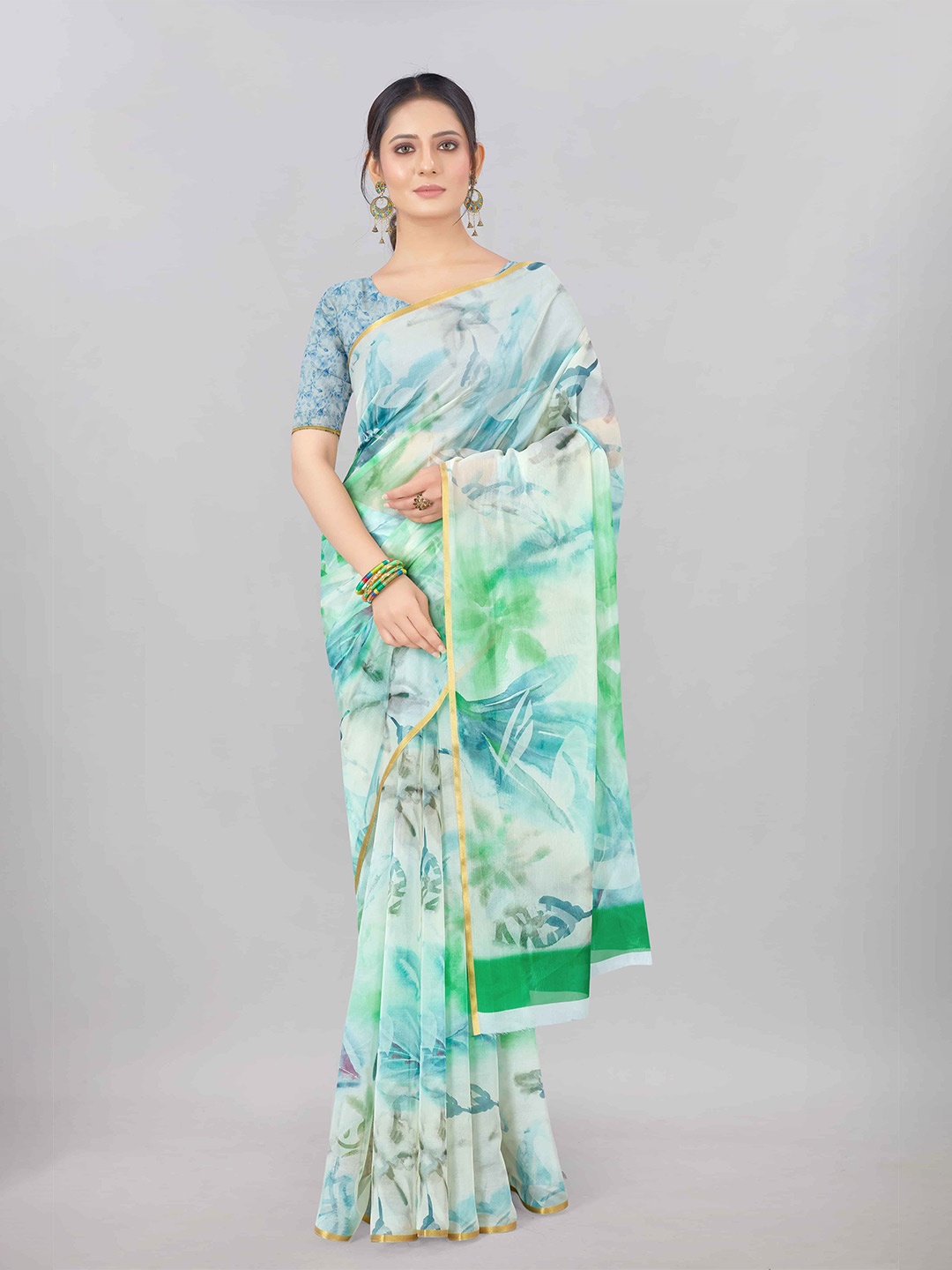 

Silk Land Green & Blue Printed Organza Saree