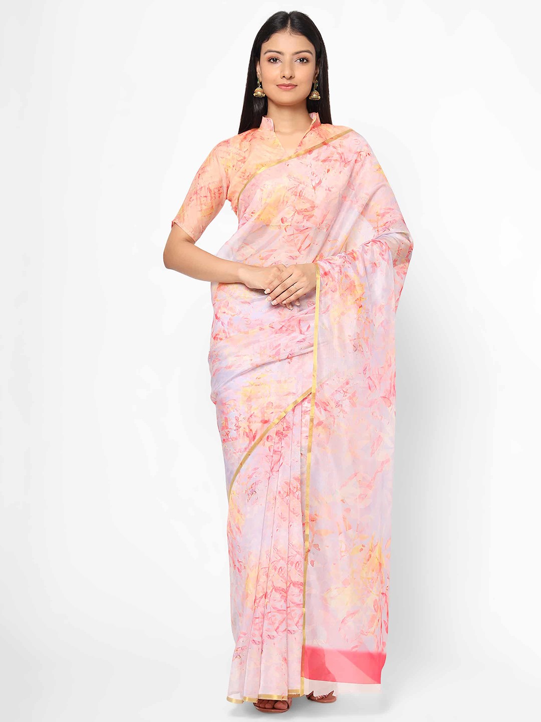 

Silk Land Pink & Blue Zari Organza Chanderi Saree