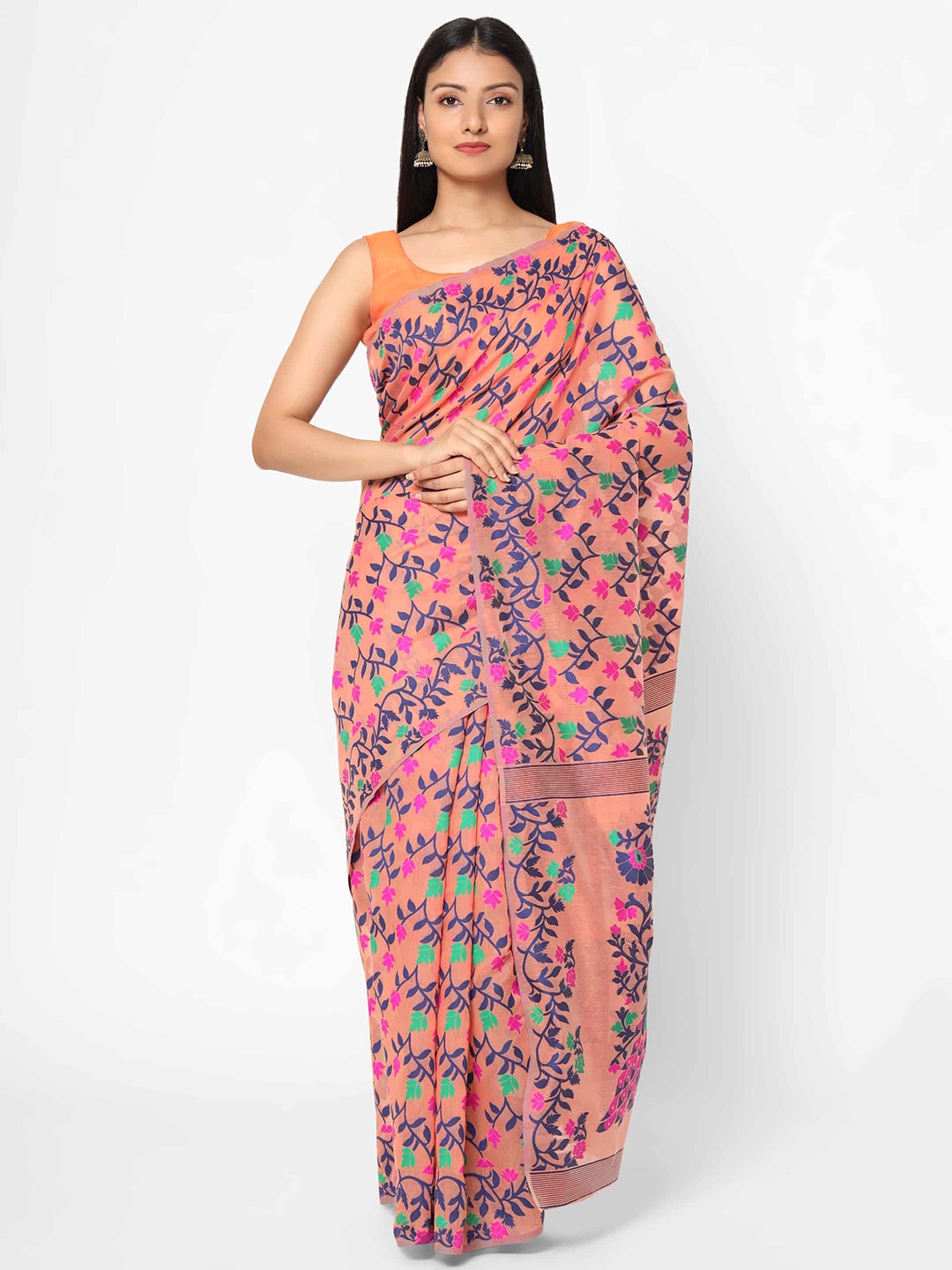 

Silk Land Peach-Coloured & Blue Woven Design Pure Cotton Jamdani Saree