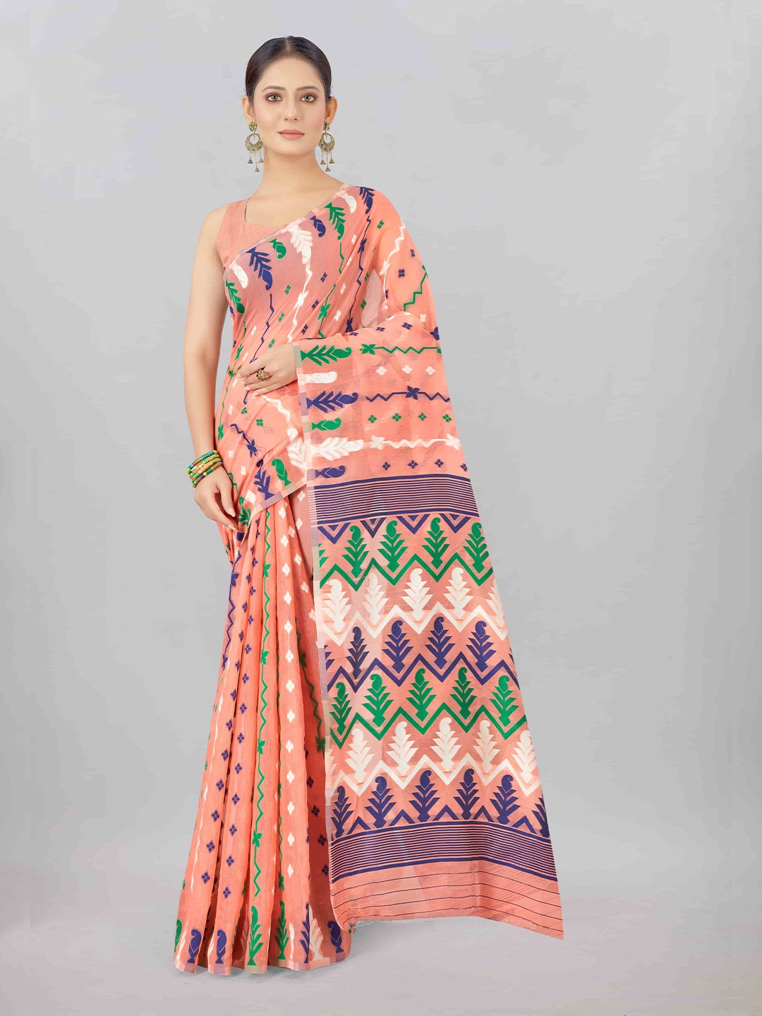 

Silk Land Peach-Coloured & Purple Woven Design Pure Cotton Jamdani Saree