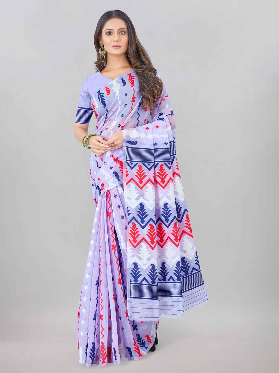 

Silk Land Purple & Red Ethnic Motifs Silk Cotton Jamdani Saree