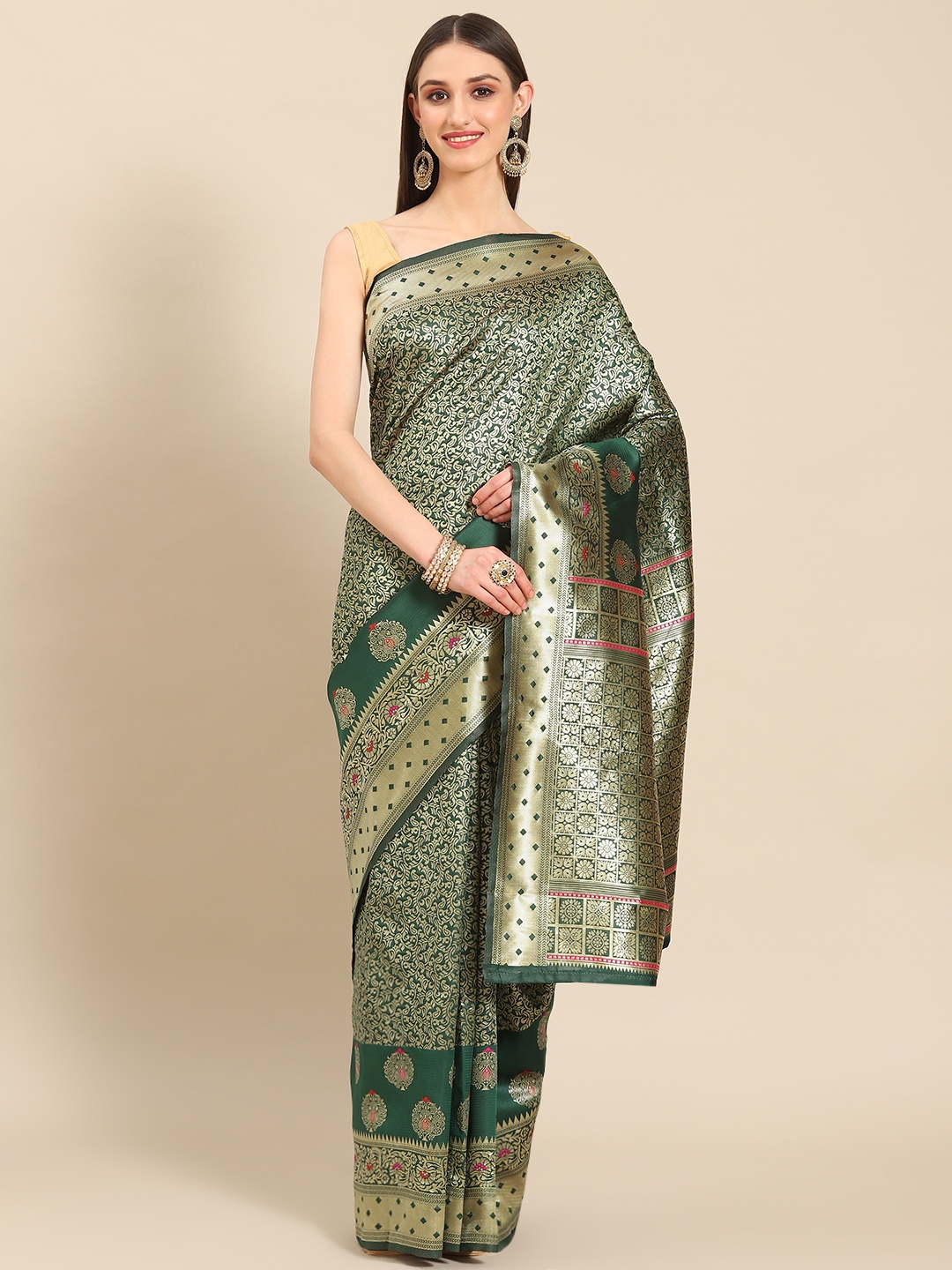 

Silk Land Green & Golden Ethnic Motifs Zari Pure Silk Banarasi Saree