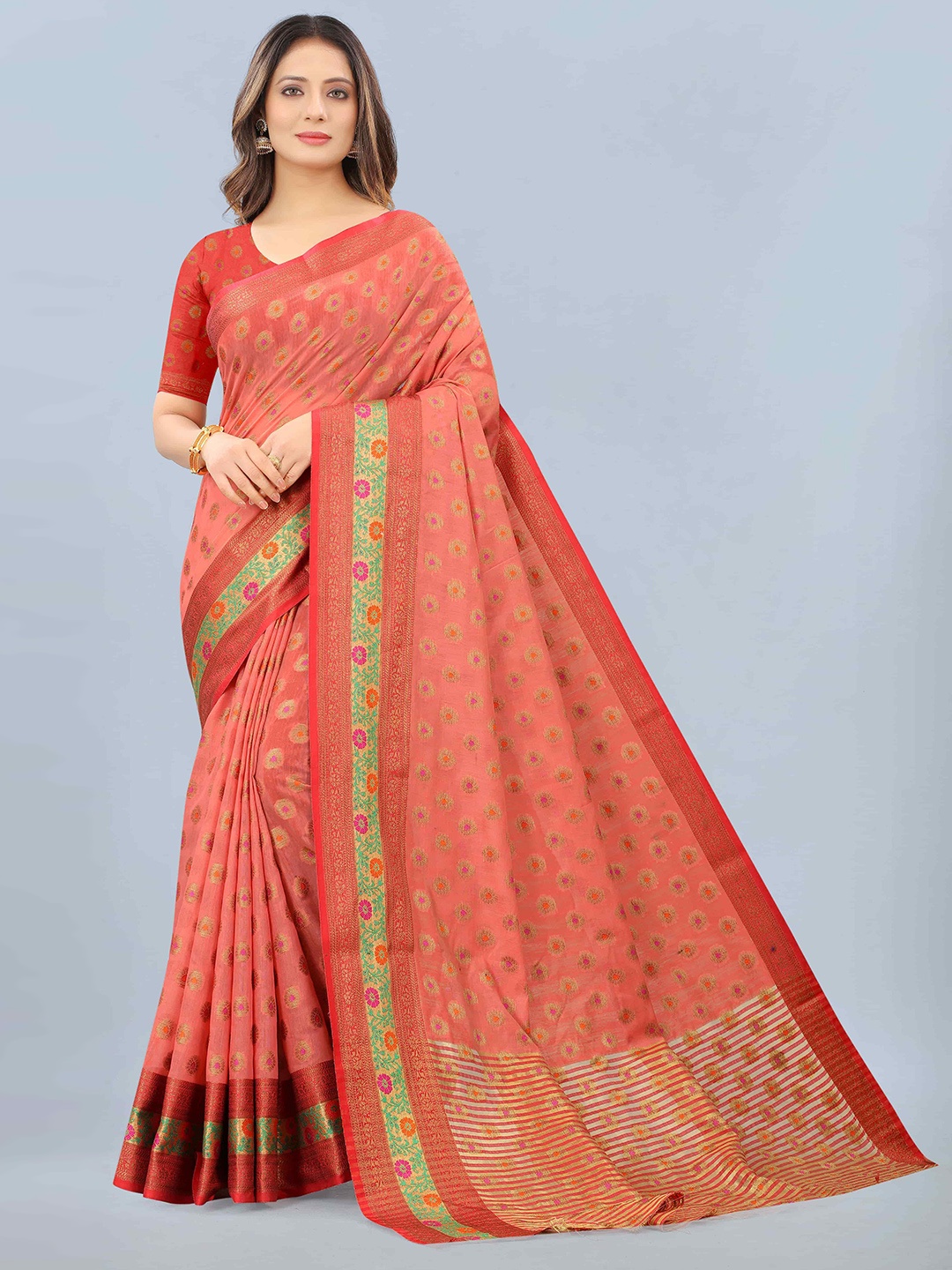 

Silk Land Coral & Gold-Toned Ethnic Motifs Zari Chanderi Saree