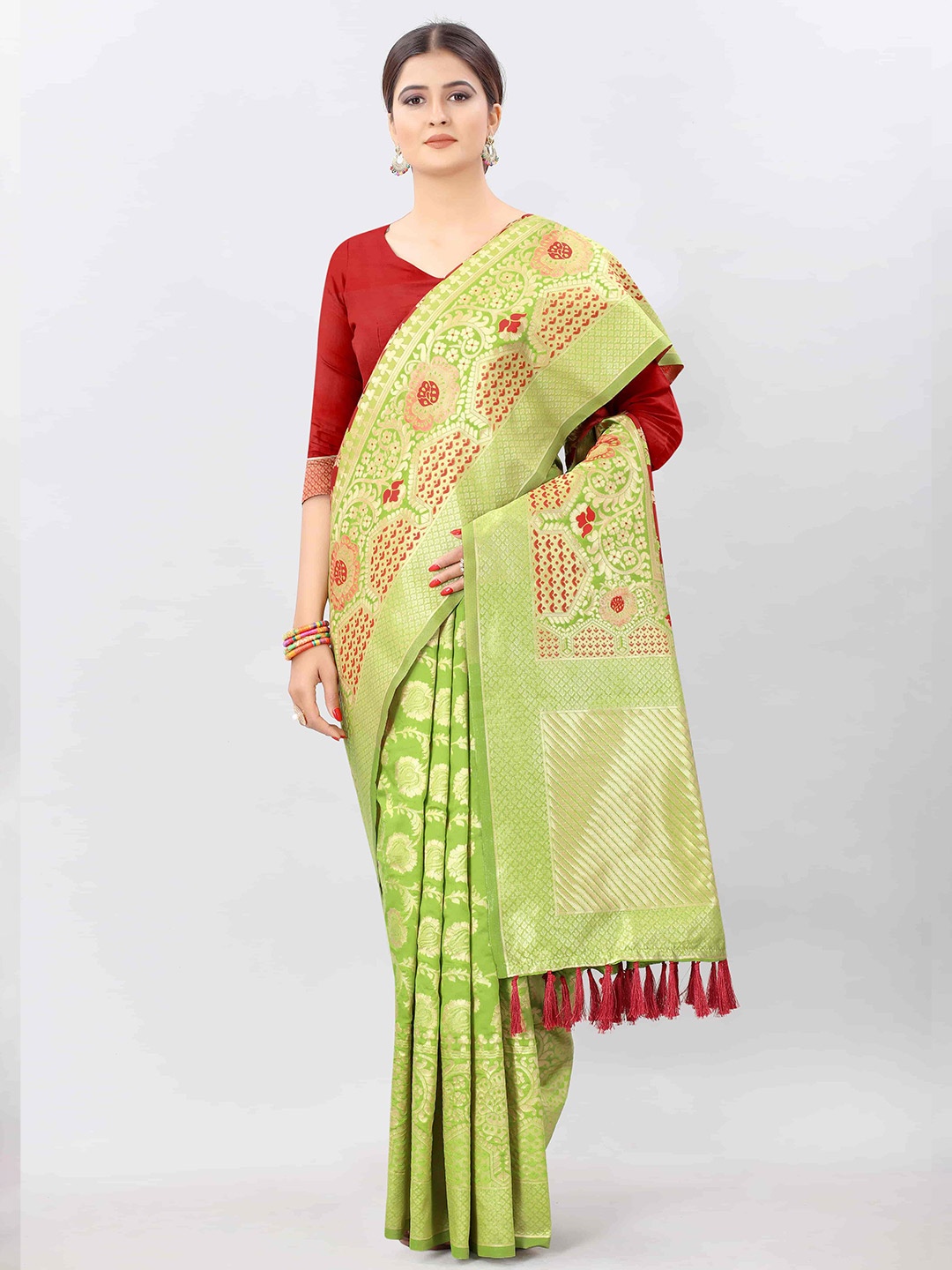 

Silk Land Green & Red Woven Design Kanjeevaram Saree