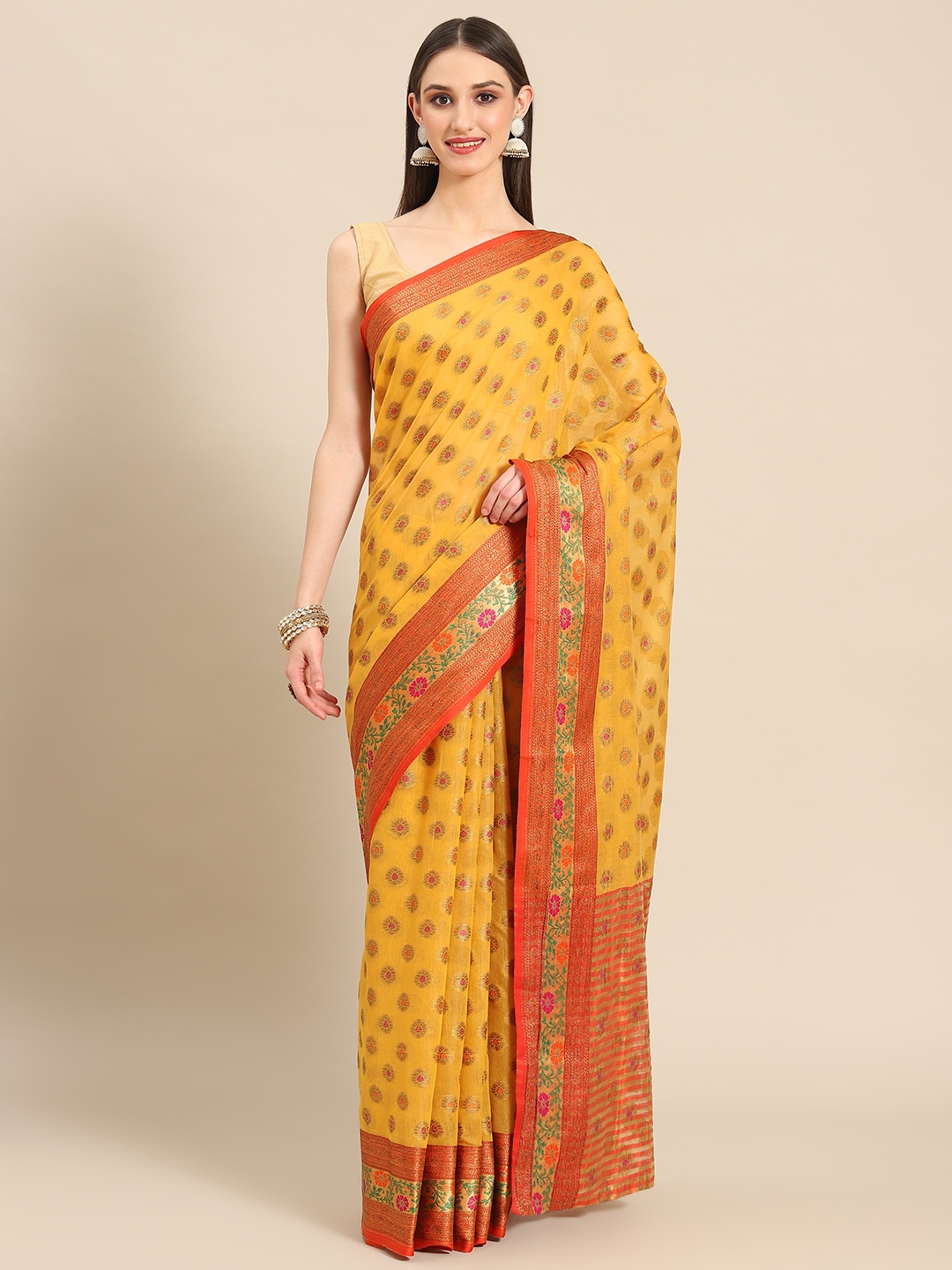 

Silk Land Yellow & Red Ethnic Motifs Zari Fusion Chanderi Saree