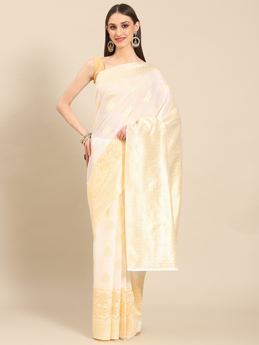 

Silk Land Off White & Gold-Toned Ethnic Motifs Zari Kasavu Saree