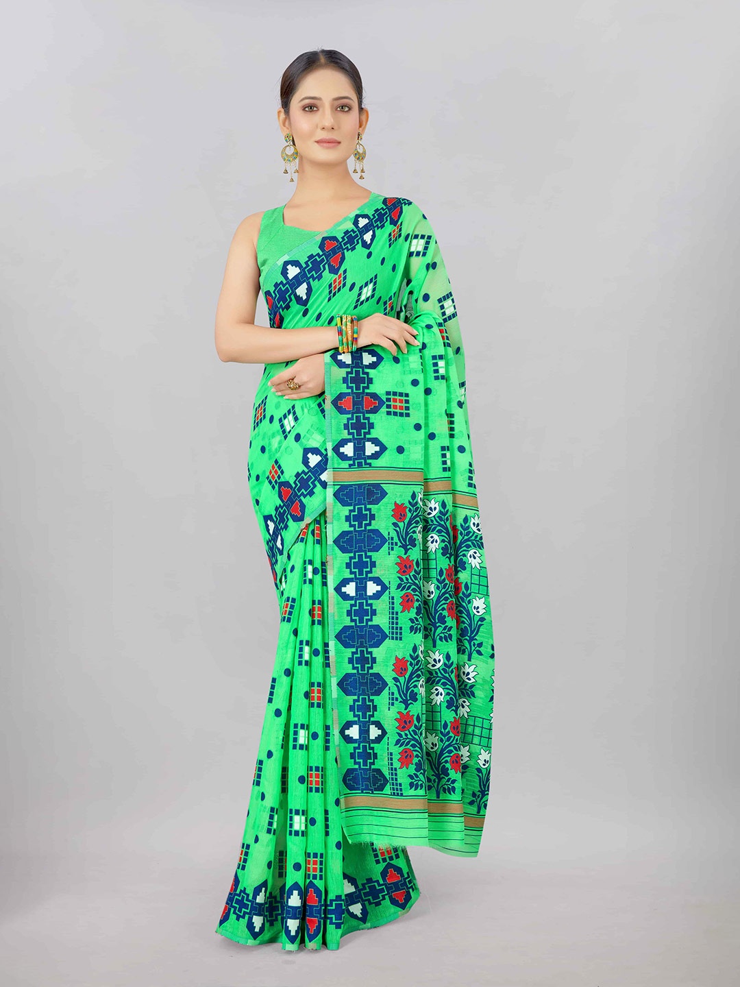 

Silk Land Green & Navy Blue Floral Pure Cotton Jamdani Saree