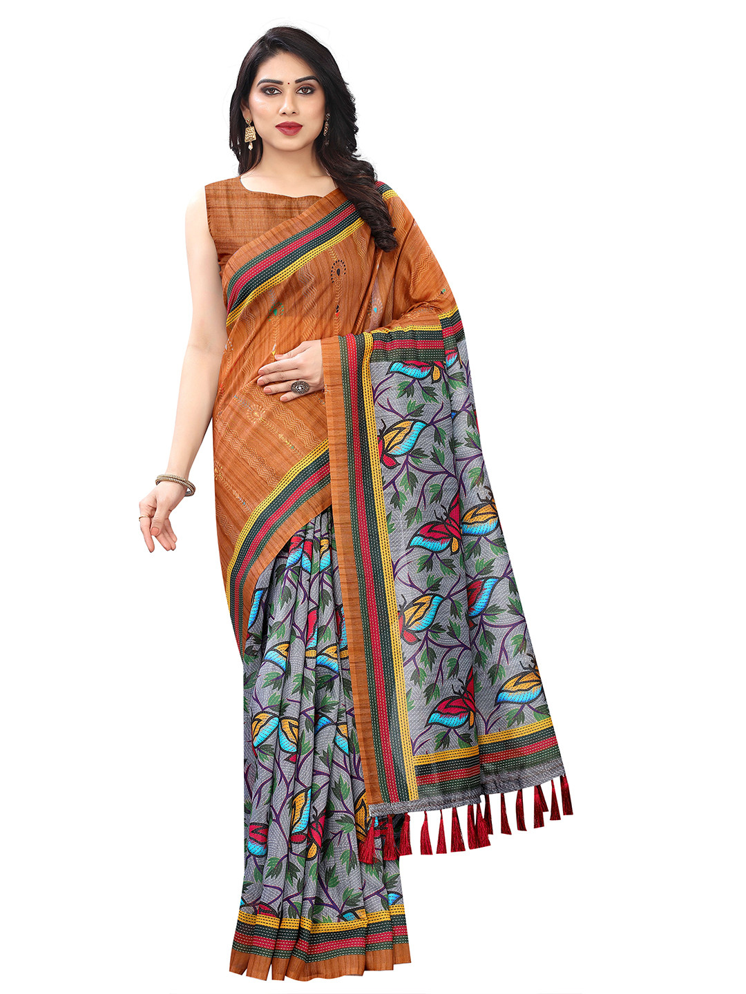 

Silk Land Blue Grey Kalamkari Saree With Tassels