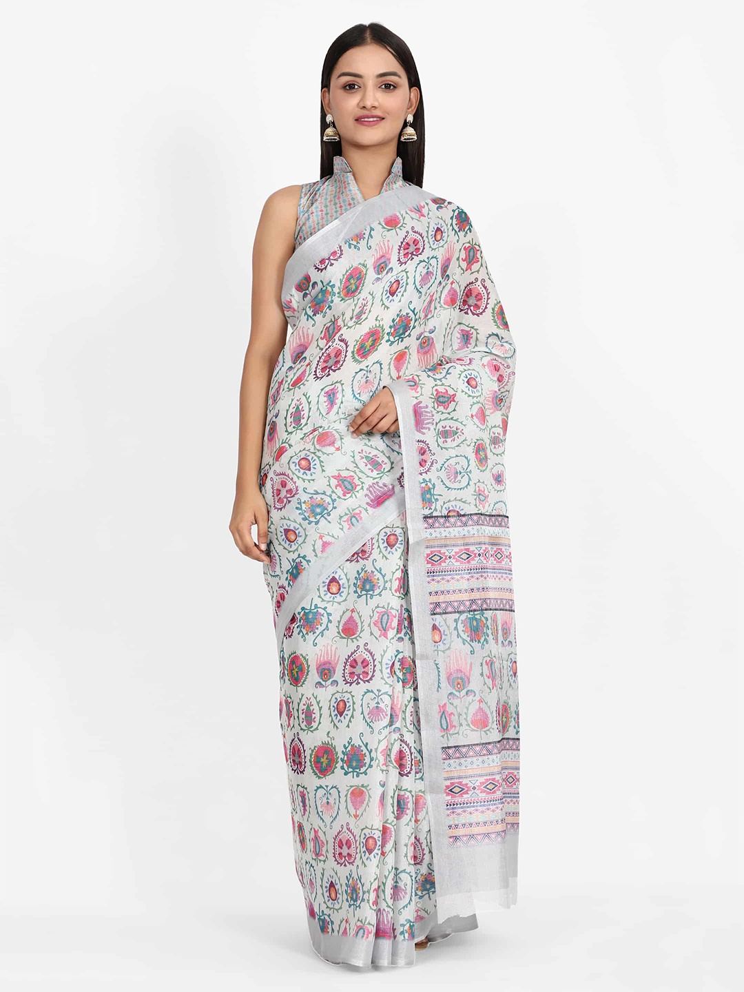 

Silk Land Grey & Pink Ethnic Motifs Zari Saree