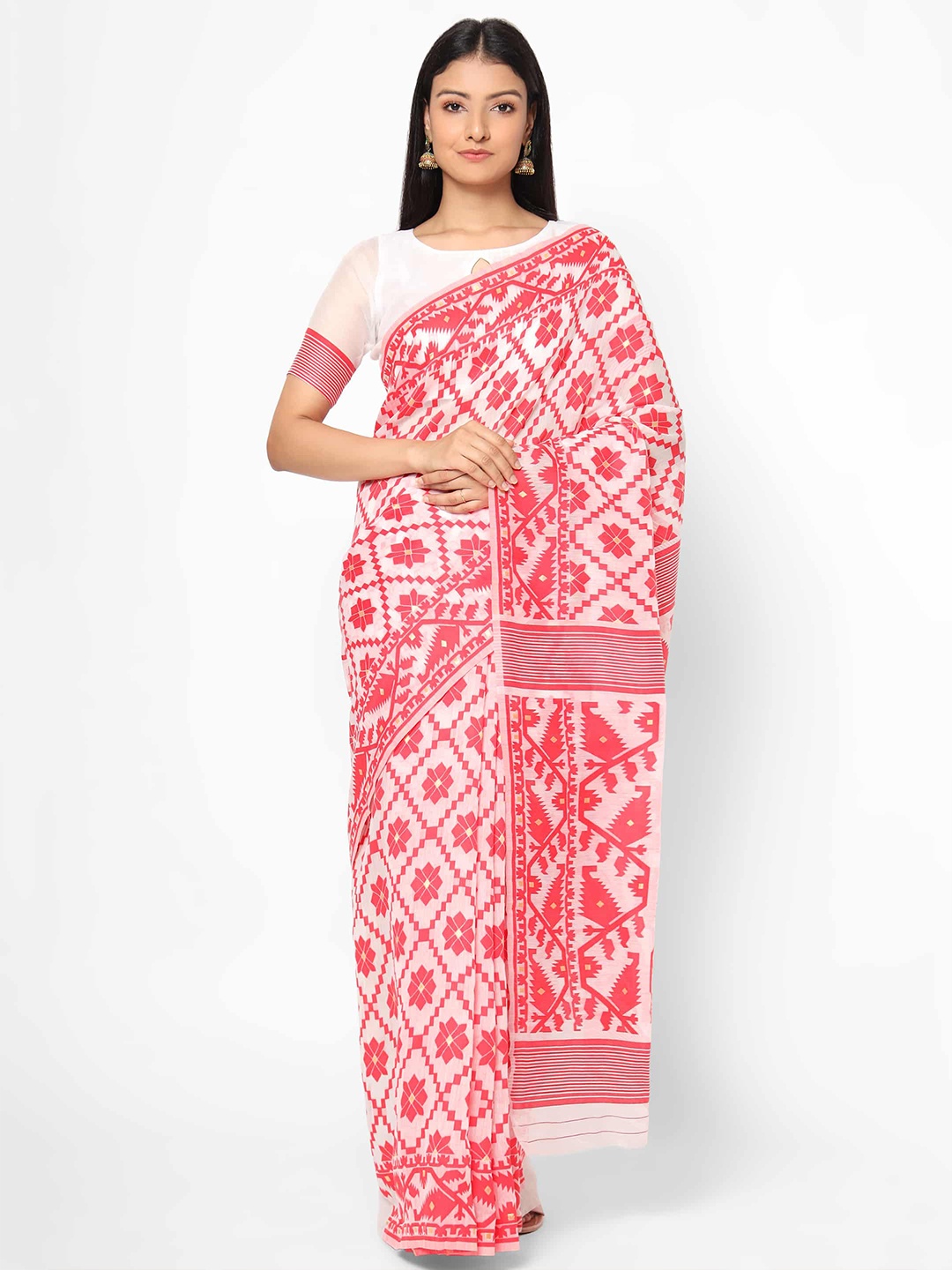 

Silk Land White & Pink Woven Design Pure Cotton Jamdani Saree