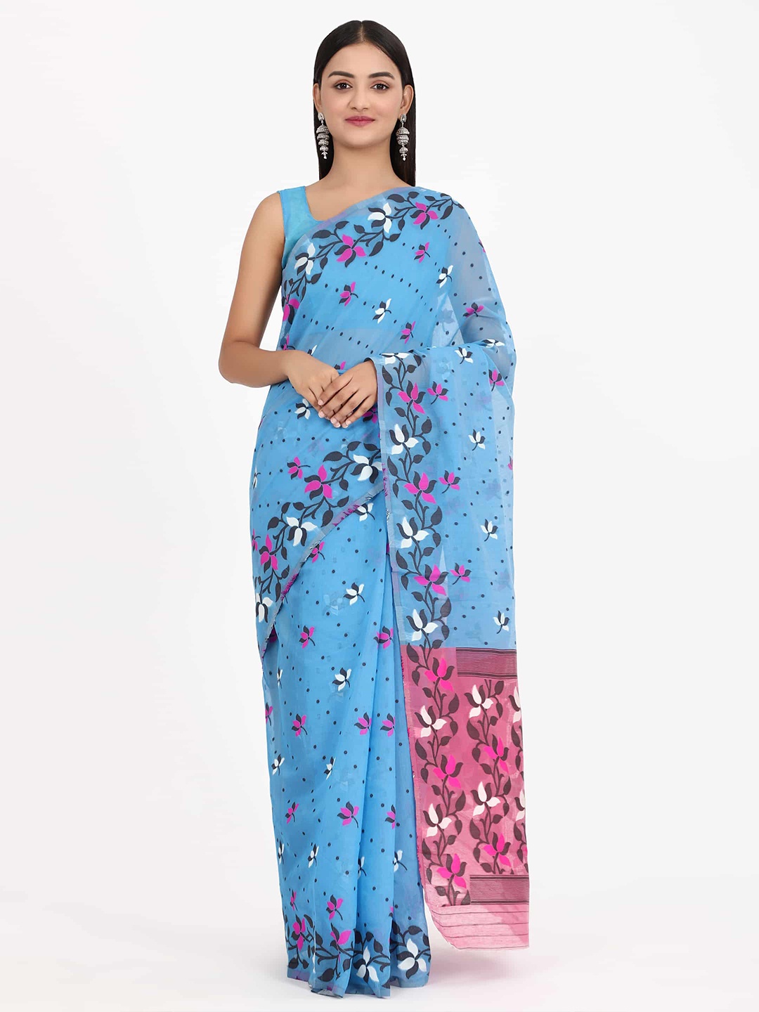 

Silk Land Blue & Pink Ethnic Motifs Pure Cotton Jamdani Saree