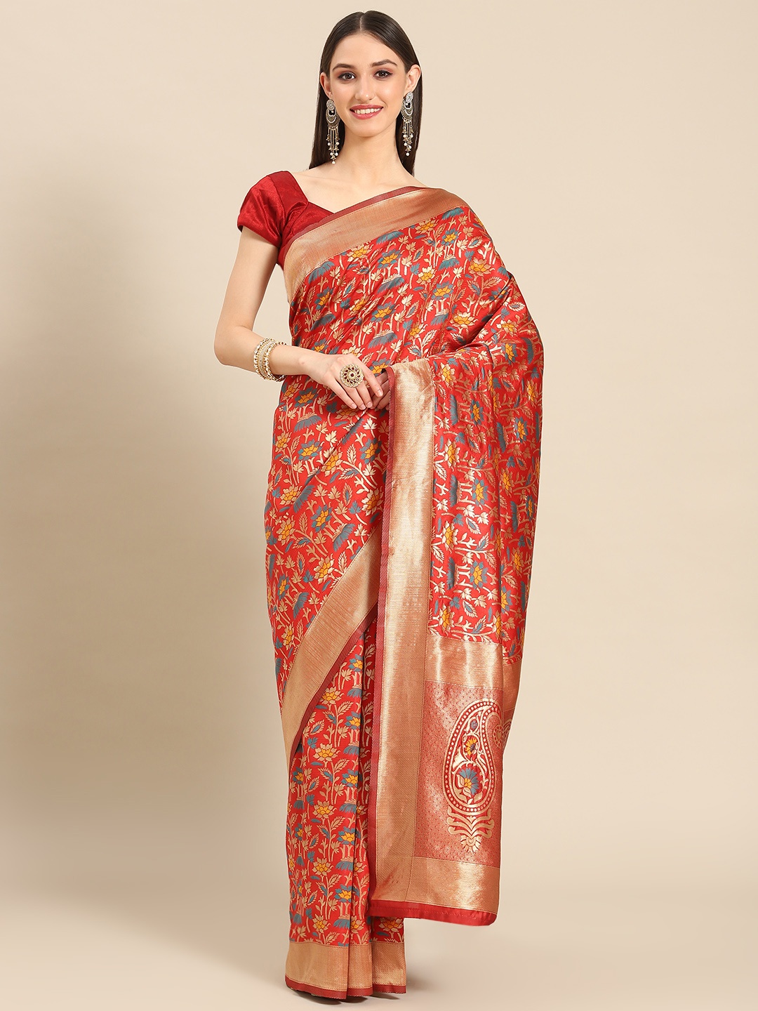 

Silk Land Red & Gold-Toned Woven Design Zari Pure Silk Banarasi Saree
