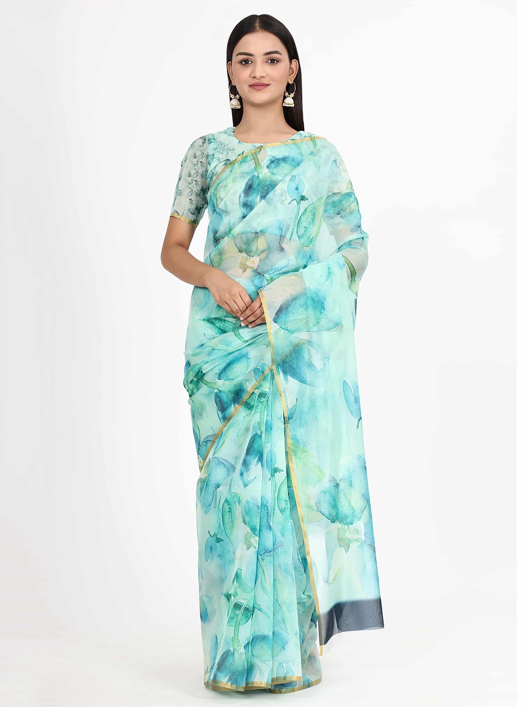 

Silk Land Blue & White Floral Organza Chanderi Saree