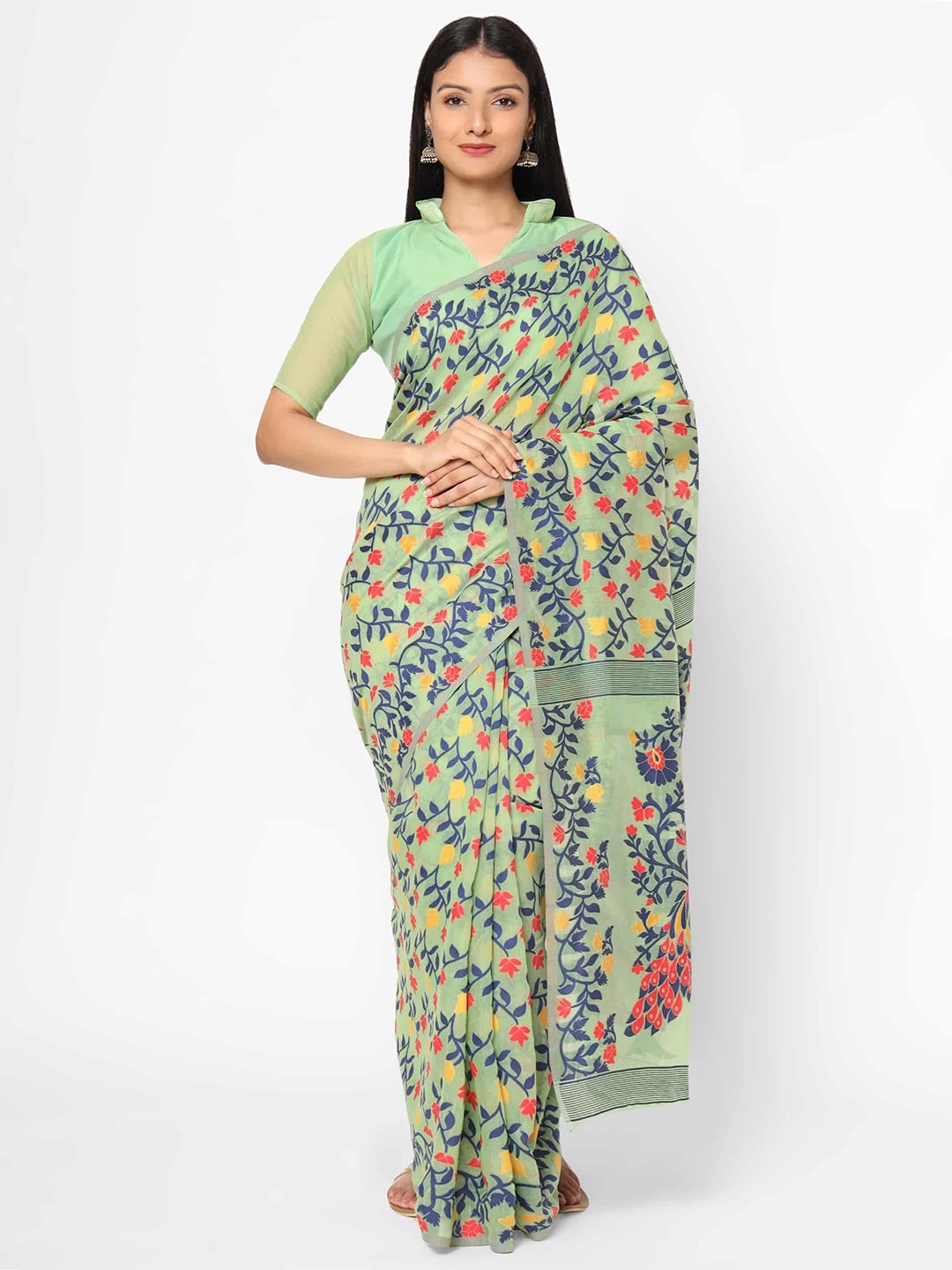 

Silk Land Green Floral Pure Cotton Jamdani Saree