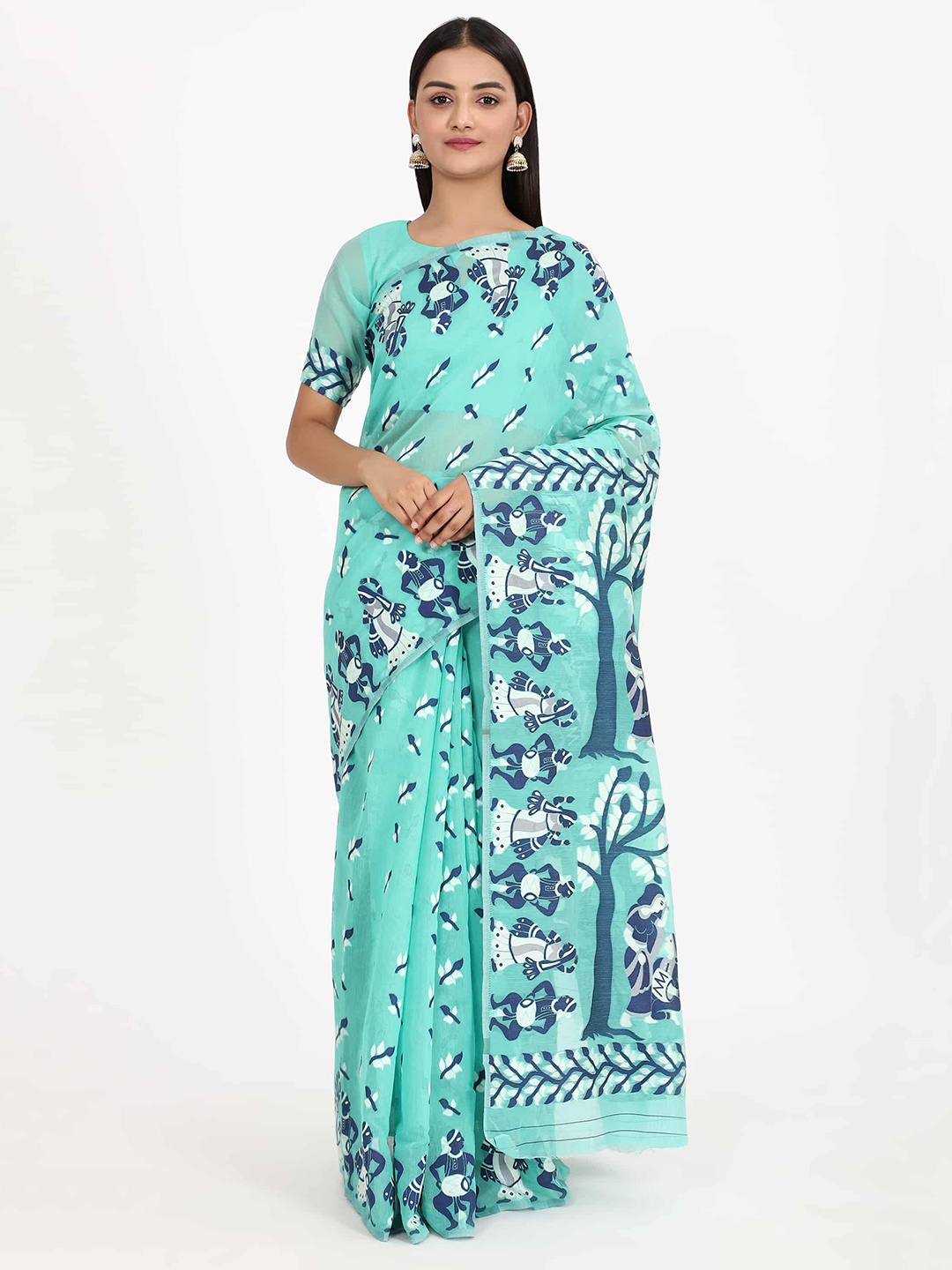 

Silk Land Teal & Navy Blue Ethnic Motifs Jamdani Saree