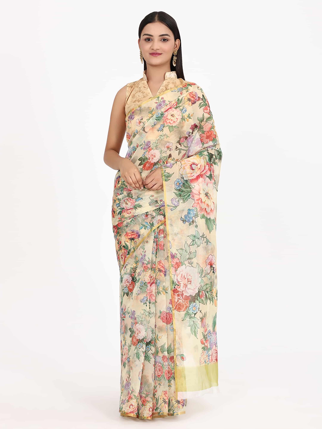 

Silk Land Beige & Red Floral Printed Chanderi Saree