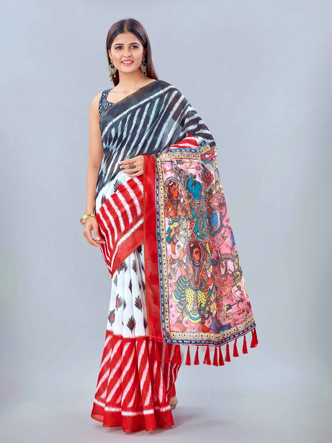 

Silk Land Red Blue Ethnic Motifs Pure Cotton Saree With Tassels