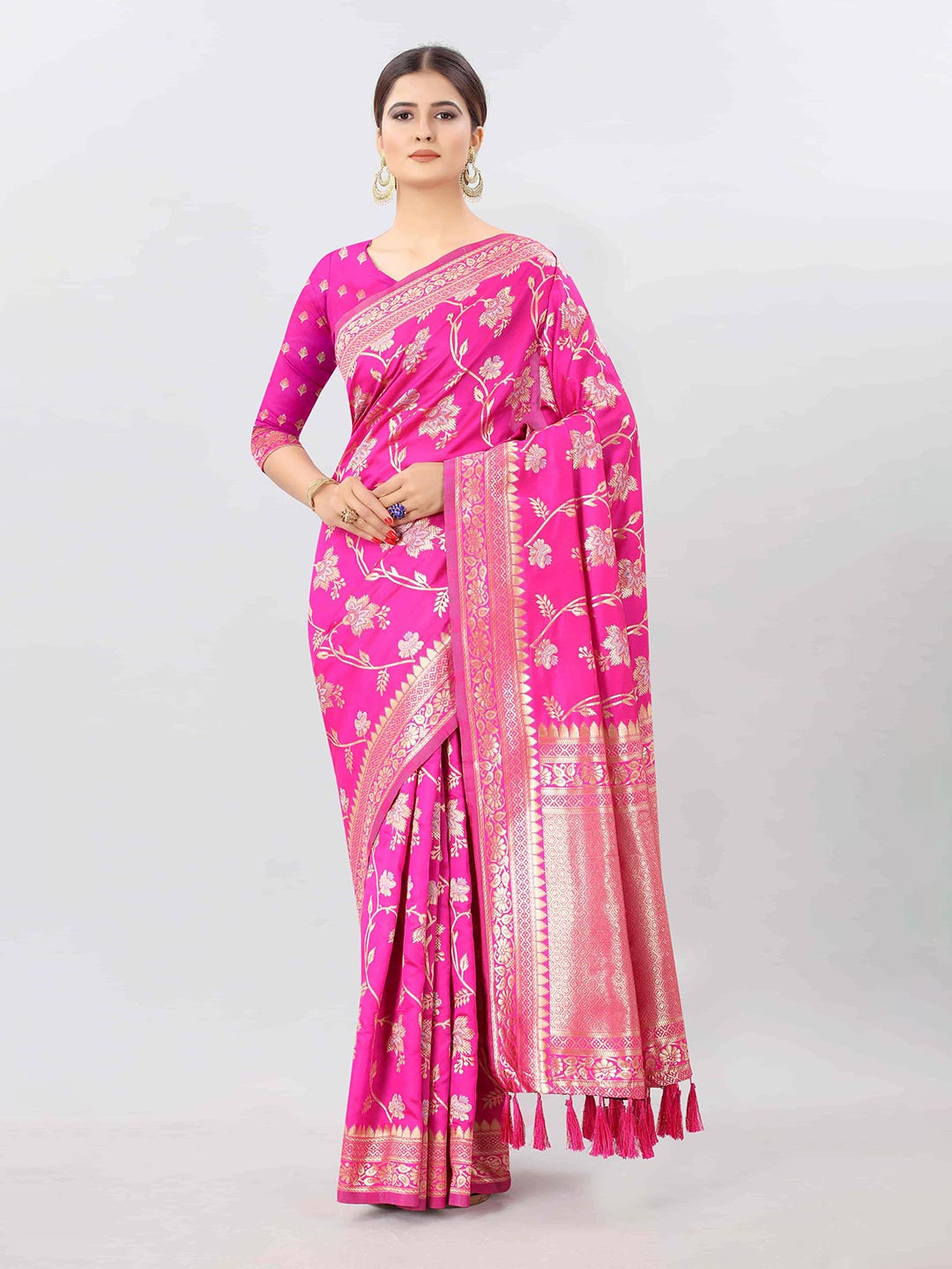 

Silk Land Fuchsia & Gold-Toned Floral Zari Pure Silk Kanjeevaram Saree