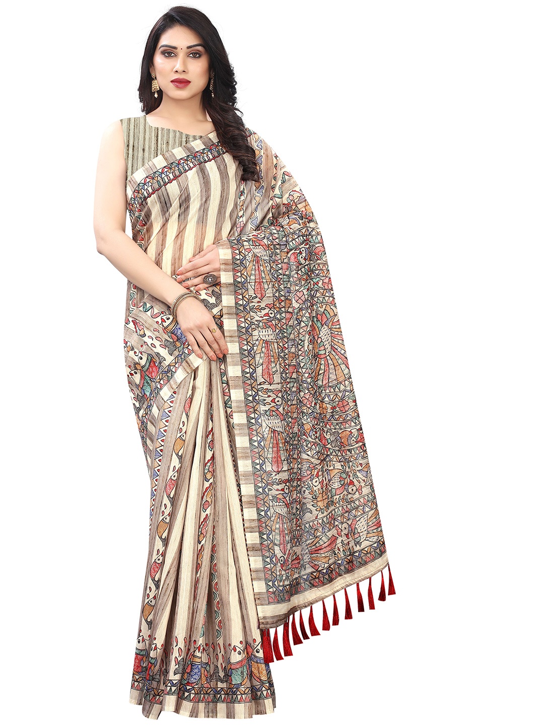 

Silk Land Cream-Coloured Brown Kalamkari Saree With Tassels