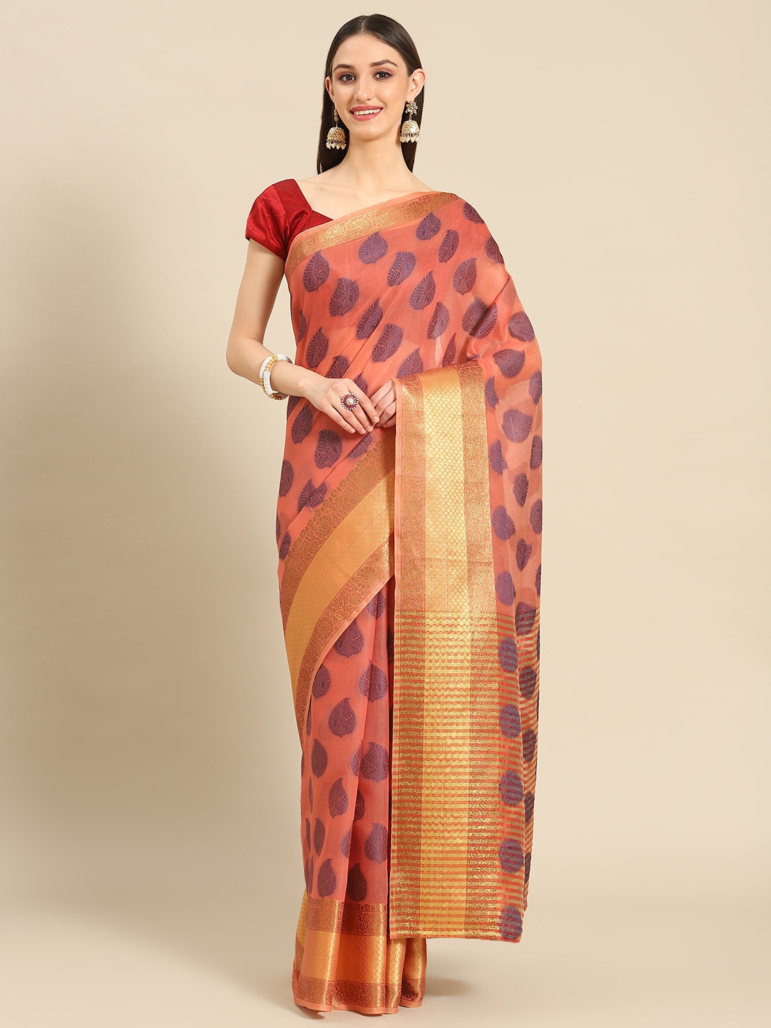 

Silk Land Pink & Navy Blue Ethnic Motifs Fusion Chanderi Saree
