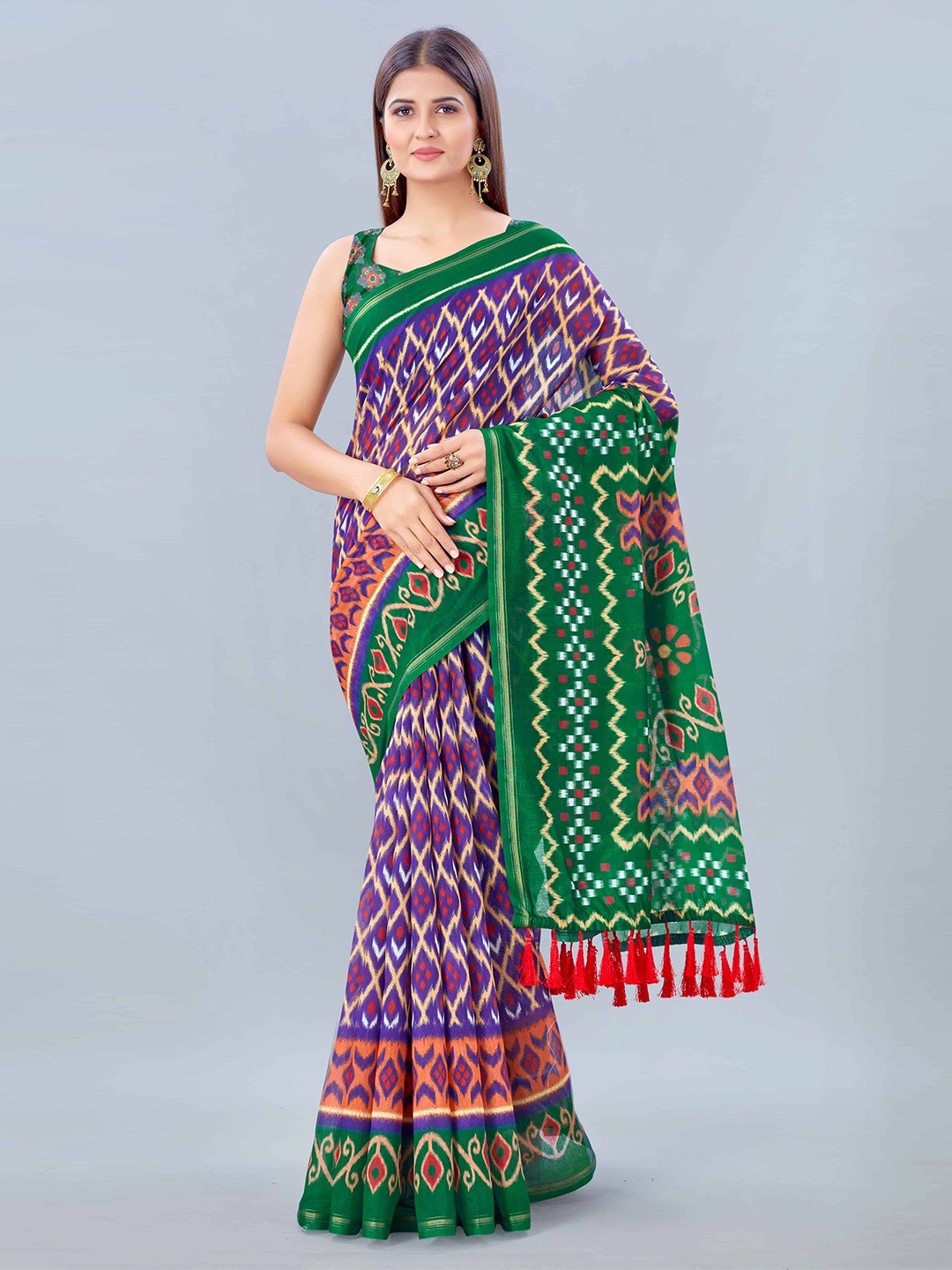 

Silk Land Green Purple Kalamkari Printed Saree With Tassels
